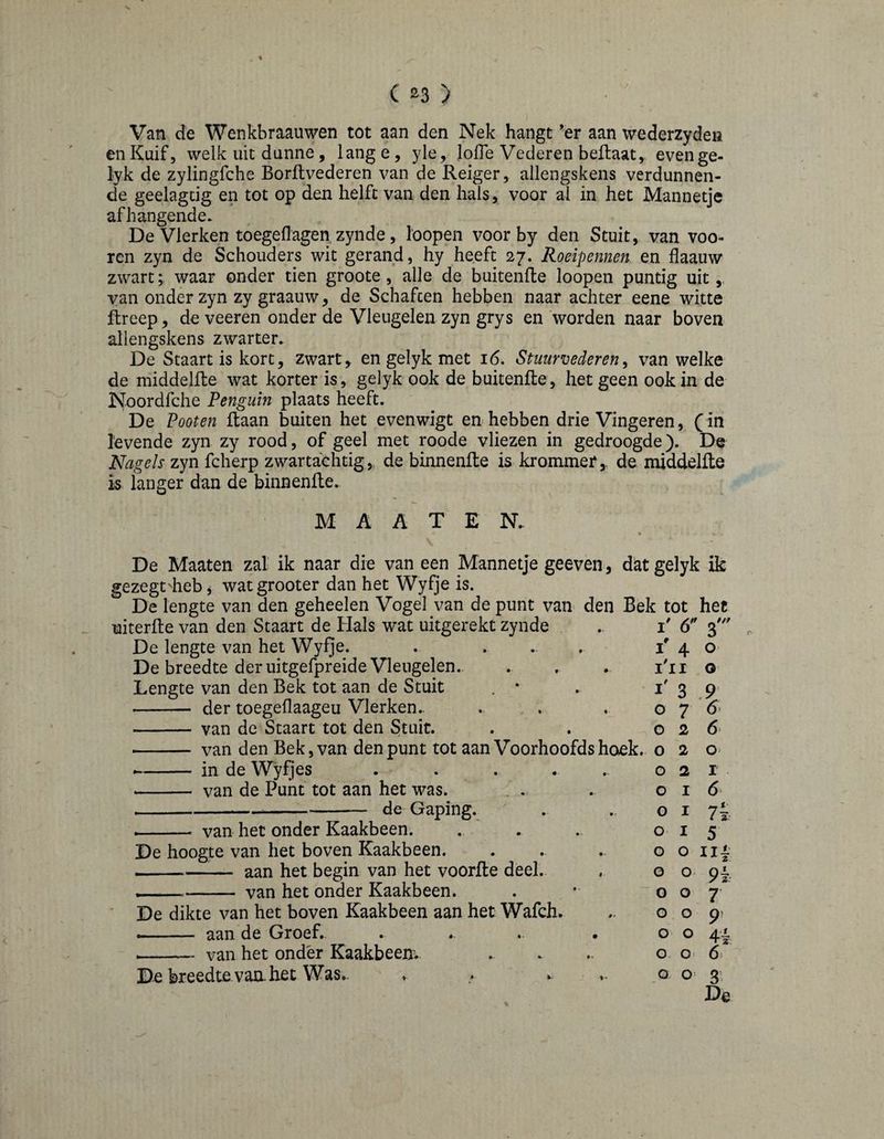 C ^3 ) Van de Wenkbraauwen tot aan den Nek hangt ’er aan wederzydea en Kuif, welk uit dunne, lange, yle, lofie Vederen bellaat, evenge- lyk de zylingfche Borftvederen van de Reiger, allengskens verdunnen¬ de geelagtig en tot op den helft van den hals, voor al in het Mannetje afhangende. De Vlerken toegeflagen zynde, loopen voor by den Stuit, van voe¬ ren zyn de Schouders wit gerand, hy heeft 27. Roeipennen en flaauw zwart; waar onder tien groote, alle de buitenfle loopen puntig uit van onder zyn zy graauw, de Schaften hebben naar achter eene witte flreep, de veeren onder de Vleugelen zyn grys en 'worden naar boven allengskens zwarter. De Staart is kort, zwart, en gelyk met 16. Stuurlederen^ van welke de middelffce wat korter is, gelyk ook de buitenfle, het geen ook in de Noordfehe Penguin plaats heeft. De Pooten liaan buiten het evenwigt en hebben drie Vingeren, (in levende zyn zy rood, of geel met roode vliezen in gedroogde). De Nagels zyn fcherp zwartaehtig, de binnenfle is krommer,, de middelfle is langer dan de binnenfle.. M A A T E N. De Maaten zal ik naar die van een Mannetje geeven, dat gelyk ik gezegt'heb, watgrooter dan het Wyfje is. De lengte van den geheelen Vogel van de punt van den Bek tot het uiterfle van den Staart de Hals wat uitgerekt zynde .. i' ó' 3''' De lengte van het Wyfje. . . . . i' 4 O' De breedte der uitgefpreide Vleugelen. . . . i'ii Lengte van den Bek tot aan de Stuit . • . i' 3 - der toegeflaageu Vlerken.. . • . - van de Staart tot den Stuit. - van den Bek, van den punt tot aan Voorhoofds hoek. -- in de Wyfjes . . . . .. - van de Punt tot aan het was. de Gaping. van het onder Kaakbeen. De hoogte van het boven Kaakbeen. -aan het begin van het voorfle deel. - van het onder Kaakbeen. De dikte van het boven Kaakbeen aan het Wafch. -- aan de Groef. -- van het onder Kaakbeen. De breedte vaa het Was. o o o o o o o- o o o o o o o 7 2 2 2 I I I O o o o o o o o 6. O' r 6 5 iif 95 7 9' f 3. De