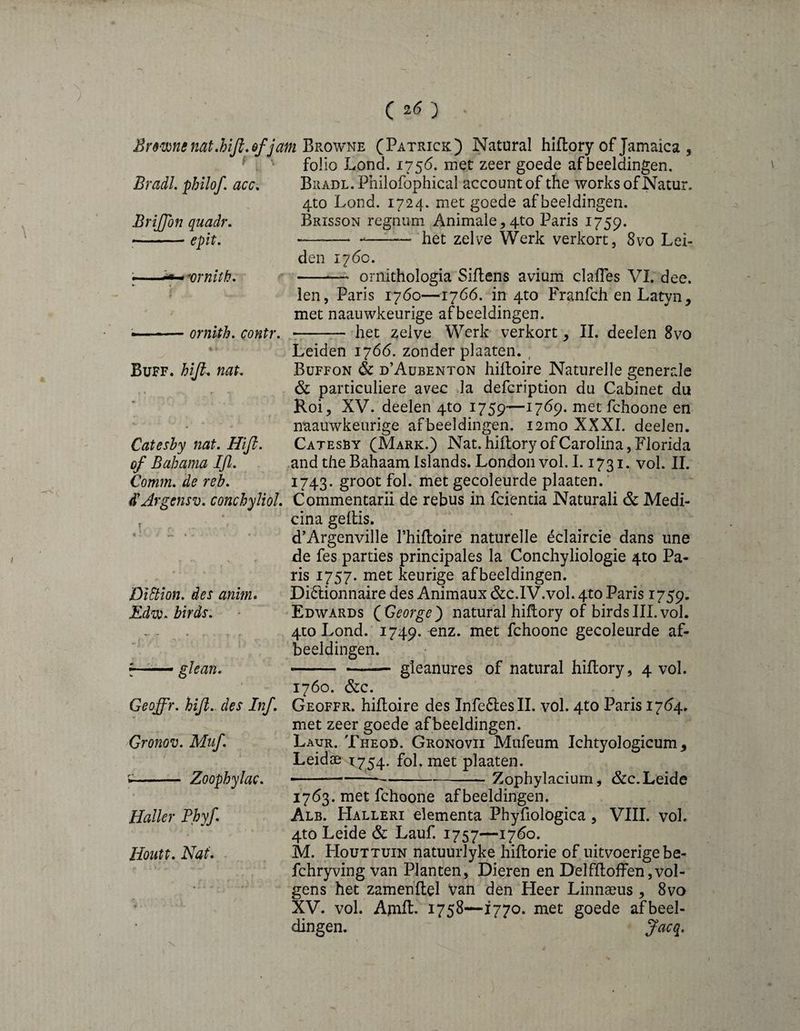 () }jrmnsnat,hiJl,Qfjam'&?<o\\’^^ (Patrick) Natural hiilory of Jamaica , folio Lond. 1756. met zeer goede afbeeldingen. BRADL.Philofophical account of the works ofNatur. 4to Lond. 1724. met goede afbeeldingen. Brisson regniim Animale,4to Paris 1759. — het zelve Werk verkort, 8vo Lei- BradL philof, acc. BriJJbn quad}’, _-epit. ornith, Qontr, den ijdc. -- ornithologia Siflens avium clafles VI. dee. len, Paris 1760—1766. in 4to Franfch en Latyn, met naauwkeurige afbeeldingen. het zelve Werk verkort, 11. deelen 8vo Buff, hifi, nat. Cateshy nat. Hifi. of Bahama Ijl, Comm, de reb. Leiden 1766. zonder plaaten. Büffon & d’Aübenton hifloire Naturelle generale & particuliere avec da defcription du Cabinet du Roi, XV. deelen 410 1759—1769. metfchoone en naauwkeurige afbeeldingen. i2mo XXXL deelen. Catesby (Mark.) Nat. hiitory of Carolina, Florida .and the Bahaam Islands. London vol. 1.1731. vol. II. 1743. groot fol. met gecoleurde plaaten. d'Jrgensv. conchyliol, Commentarii de rebus in fcientia Natural! & Medi- , • cina geilis. ‘ ' d'Argenville I’hifloire naturelle éclaircie dans une de fes parties principals la Conchyliologie 4to Pa¬ ris 1757. met keurige afbeeldingen. Di6lionnaire des Animaux &c.lV.vol. 410 Paris 1759. Edwards QGeorge') natural hifliory of birds III. vol. , , , 4to Lond. 1749. enz. fchoonc gecoleurde af¬ beeldingen. glean.-- gleanures of natural hiitory, 4 vol. DiStion. des anim, Edw. birds. Geoffr. hifi, des Inf, Gronov. Muf. - Zoophylac. Haller Phyf, Houtt, Nat, 1760. &c. Geoffr. hiltoire des Infe6tesII. vol. 4to Paris 17^4. met zeer goede afbeeldingen. Laur. Theod. Gronovii Mufeum Ichtyologicum, Leidae 1754. fol. met plaaten. -■ -—— -Zophylacium, &c.Leide 1763. met fchoone afbeeldingen. Alb. Halleri elementa Phyfiologica, VIII. vol. 4to Leide & Lauf. 1757—-1760. M. FIouttuin natuurlyke hiftorie of uitvoerige be- fchryving van Planten, Dieren en Delfftolfen,vol¬ gens het zamehftel van den Heer Linnaeus , 8va XV. vol. Amft- 1758—1770. met goede afbeel¬ dingen.