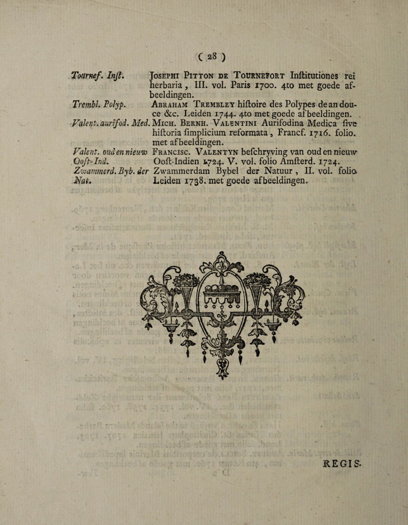 C 28 ) Tmrnef. Injl. Josephi Pitton de Totjrnefort Inftitutiones rei herbaria, IIL vol. Paris 1700. 4to met goede af¬ beeldingen. TrembL Polyp, Abraham Trembley hifloire des Polypes dean dou¬ ce &c. Leiden 1744. 4to met goede afbeeldingen. Falent.amfod, MecLMizu. Berkh. Valentini Aurifodina Medica five hiftoria fimplicium reformata, Francf. 1716. folio, met afbeeldingen. Valent, oiulennieu'm Francisc. Valentyn befchryving van oud en nieuw .Ooft-Ind, Oofl-Indien 1^724. V. vol. folio Amfterd. 1724. Zmammerd, Byb. der Zwammerdam Bybel der Natuur , II. vol. folia Leiden 173B. met goede afbeeldingen. KEGIS-