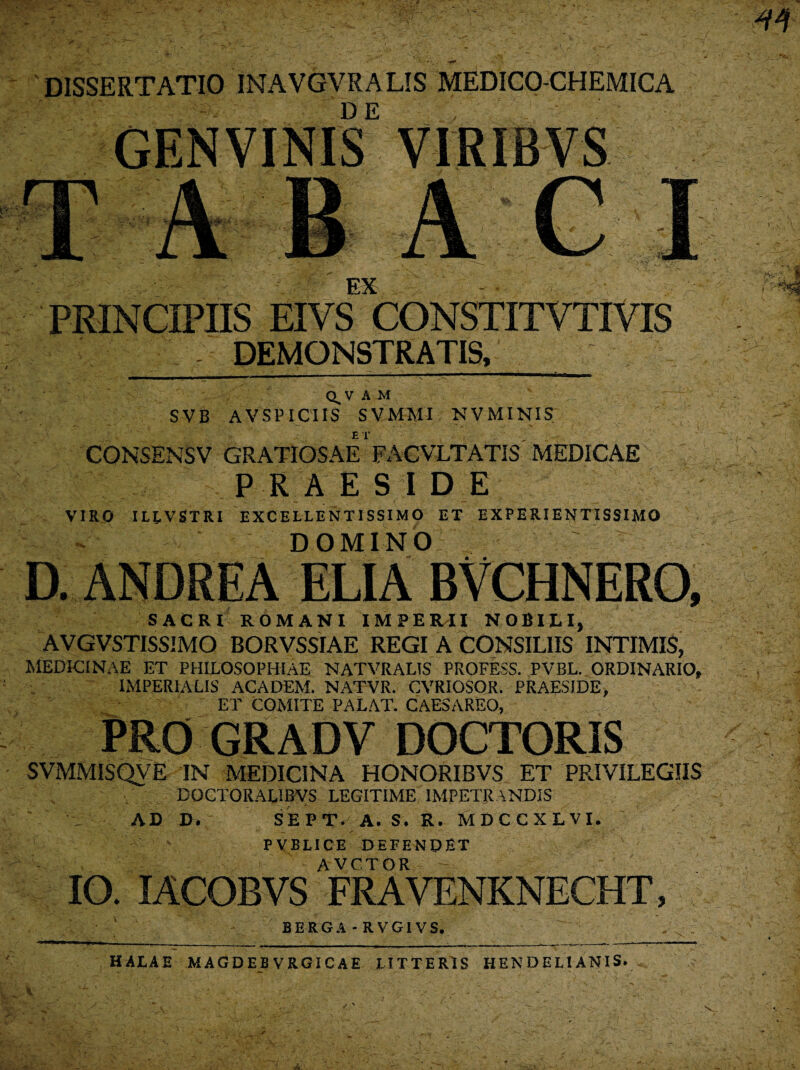 DISSERTATIO INAVGVRALIS MEDICO-CHEMICA GENVINIS VIRIBVS PRINCIPIIS EIVS CONSTITVTIVIS - DEMONSTRATIS, Q. V A M SVB AVSPICirS SVMMI NVMINIS CONSENSV GRATIOSAE\FACVLTATIS MEDICAE PRAESIDE VIRO ILEVSTRI EXCELLENTISSIMO ET EXPERIENTISSIMO DOMINO D. ANDEEA ELIA BVCHNERO, SACRI ROMANI IMPERII NOBILI, AVGVSTISSIMO BORVSSIAE REGI A CONSILIIS INTIMIS, MEDICINAE et philosophiae natvralis profess. pvbl. ordinario, IMPERIALIS ACADEM. NATVR. CVRIOSOR. PRAESIDE, ET COMITE PALAT. CAESAREO, PRO GRADV DOCTORIS SVMMISQVE IN MEDICINA HONORIBVS ET PRIVILEGIIS DOCTORALIBVS LEGITIME IMPETRANDIS AD D. SEPT. A. S. R. MDCCXLVI. PVBLICE DEFENDET AVCTOR IO. IACOBVS FRAVENKNECHT, BERGA - RVGIVS. HALAE MAGDEB VRGICAE LITTERIS HENDELIANIS.