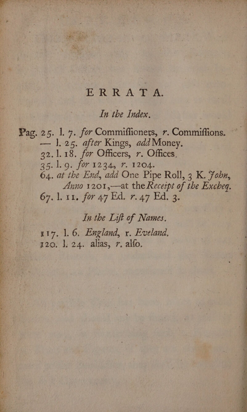 ERRATA. In the Index. — ]. 25. after Kings, add Money. 32. 1.18. for Officers, r. Offices, gale gh fori. gay W204. 64. at the End, add One Pipe Roll, 3 K. Yohn, Anno 1201,-—at the Receipt of the Excheq. 67.1. 11, for 47 Ed. 7.47 Ed, 3. In the Lift of Names. 117, 1.6, England, r. Eveland. 320. 1. 24. alias, 7. alfo.