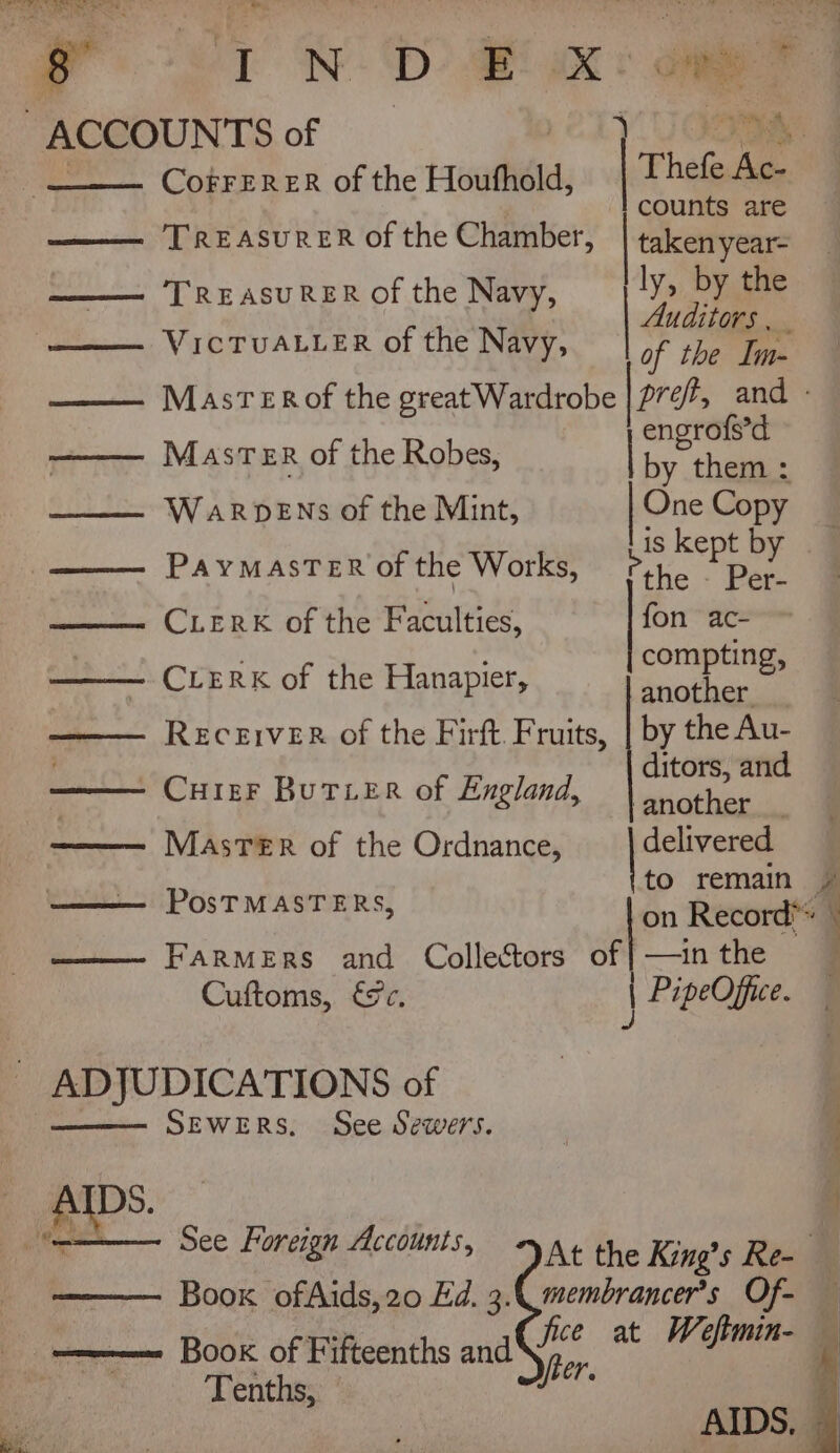 | ACCOUNTS of + OAS CoFFERER of the Houthold, Thefe. ne counts are TREASURER of the Chamber, taken year- TREASURER of the Navy, ly, by the | £ the N Auditors. . —— VICTUALLER of the Navy, of the Im- —— Master of the Robes, | ee ——— WarpeENs of the Mint, ve Copy PayMaAsTER of the Works, Pe he —— CLERK of the Faculties, fon ac- : compting, —— CLERK of the Hanapier, fiad aan —— Receiver of the Firft. Fruits, | by the Au- - CoieF But Ler of England, inhspiei another. Master of the Ordnance, delivered to remain PosTMASTERS, on Record* \ FarMers and Collectors of}—inthe — Cuftoms, €c. | PipeOffce. _ ADJUDICATIONS of SEWERS, See Sewers. Book ofAids,20 Ed. 3.4 membrancer’s Of- Tenths,