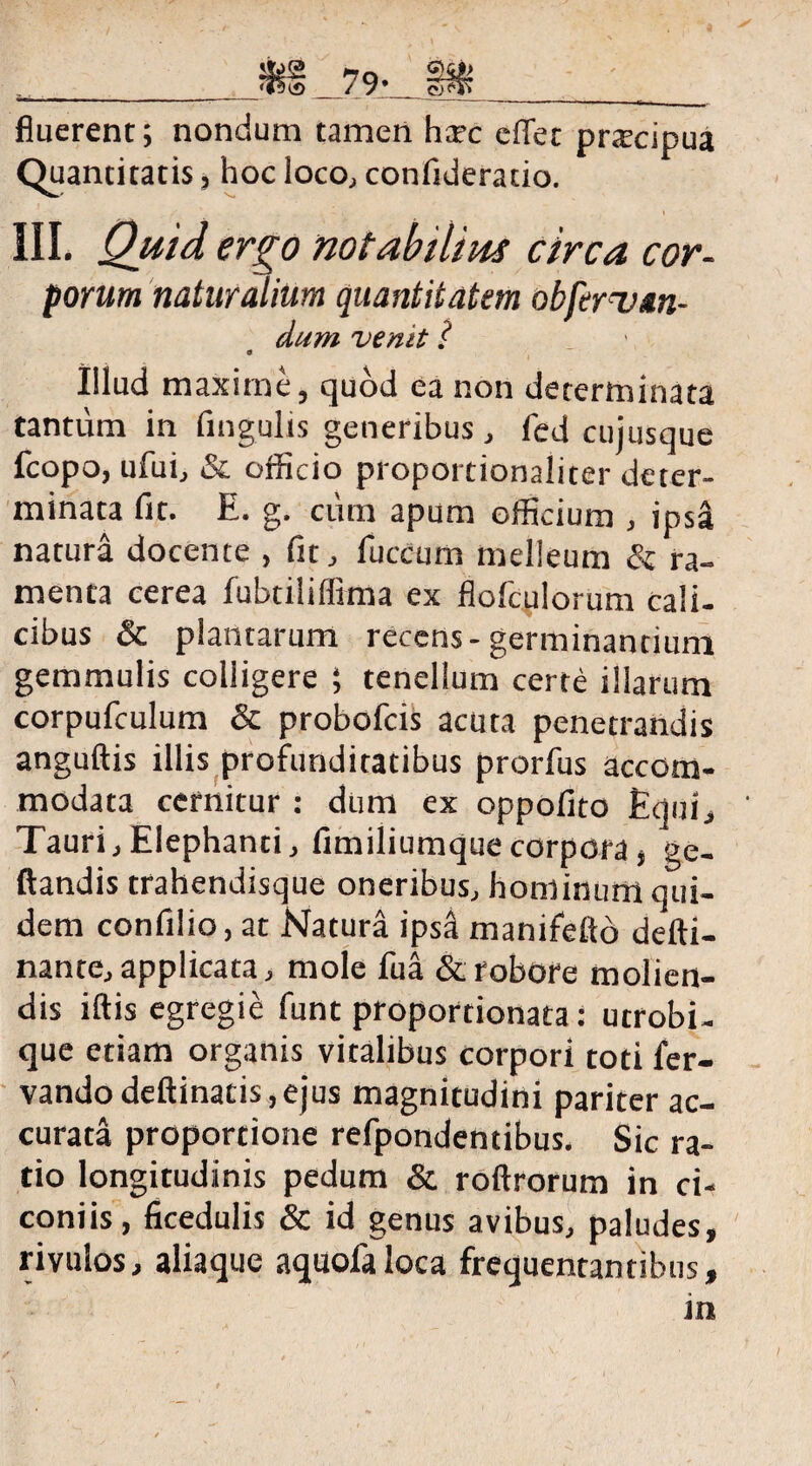 fluerent; nondum tamen hxc edet pnecipua Quantitatis, hoc loco, confiderado. III. Quid ergo notabilius circa cor¬ porum naturalium quantitatem obfervan- dum venit! Illud maxime, quod ea non determinata tantum in lingulis generibus, fed cuiusque fcopo, ufui, & officio proportionaliter deter¬ minata fit. E. g. ciim apum officium , ipsa natura docente , fit, fuccum melleum & ra¬ menta cerea fubtiliffima ex flofculorum cali¬ cibus Sc plantarum recens-germinantium gemmulis colligere ; tenellurn certe illarum corpufculum & probofcis acuta penetrandis anguftis illis profunditatibus prorfus accom¬ modata cernitur : dum ex oppofito Equi, Tauri, Elephanti, fimiliumquecorpora, Re¬ flandis trahendisque oneribus, hominum qui¬ dem confilio, at Natura ipsa manifefto defti- nante, applicata, mole fua & robore molien¬ dis iftis egregie funt proportionata: utrobi- que etiam organis vitalibus corpori toti fer- vandodeftinatis,ejus magnitudini pariter ac¬ curata proportione refpondentibus. Sic ra¬ tio longitudinis pedum & roftrorum in ci¬ coniis, ficedulis & id genus avibus, paludes, rivulos, aliaque aquofaloca frequentantibus.