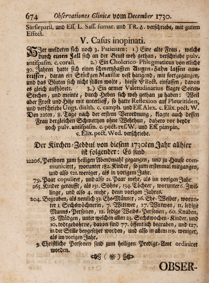 Sarfaeparil. uilö Eff. L. Saff. fumar. unD TR. 6- »erf#rieb«, mit gutem Effect V. Cafus inopinati. OST^et melDefen ft# no# 3* Patienten: t.) (Sine alte Statt, wel#e Dur# einen jall ft# an Der vöruit weit getfyan, »etf#rtebe pulv. antifpafm. c. corali. 2.) Sin Cholerico- Phlegmaticus W>n etli#e 30. Sagten fjatte ft# ejnen f#metf#aftten Nötigen *5af>n (affe» <we, reiften, Daran ein ©tucf gen Maxillee »eft f>angenD, mit forfgegangcn, unD Das bluten ft# ni#t jtiflen wolte, Riefte ^Reft. etnfaften, Canon «g gleich auffbrete. 3.) ©n armer Valetudinarms flagfe ©eitern ©teeren, unD meinte, Dur# #eben ft# wef) geffan ju (>aben: <3Beif aber Stoff unD |)#e mit unterlieft, fo Ijafte Reflexion auf Pleuritiden, unD »etf#tiebe Üngt. dialtb. c. camph. unD Eff Alex, c. Eiix. pe&, W. 5Den 22ten, 8. ‘Sage na# Der erftetn 5ßerorDnung, flagte au# Deften Srau Derglei#ett @#met#en of>n« (3Beb#un, Dabero rot bepDe UO# pulv. antifpafiu. c. pe£t.re£W. unD Eff pimpin* c.Elix.pe£t Wed. nerf#riebe. ©et &ttd??tT3cfc§ttf wm bttfem i73otm5ß|t allster tft folgenbet: (B fink mo6,Sßetfonen jum fettigenSlbetiDma^f gegangen, unD ju «fijaufe com- municiret, worunter 182. ÄinDer, fo jum erfienmal roifgangen, unD atfo *21. weniger, als in »origem3af>r. 79,fjpaar copuliret, unDalfo 21. $>aar mehr, als im »origen Safjr. 26j.ÄinDer getauftt, als 131. ©bfrne, 134.15##ter, worunter 6, gw# finge, unD alfo 4. mehr, Denn »origen Sabres, 204. iSegcaben, als netuli# 33. Sf)e*50J<lnncr, 16. Sf>o> ’SBeiber, worum ter 1. ©e#Swö#nerin, 7. SSiffwer, 27. <2Biftwen, ir. beige ®l«nnS»^erfonen, k. SeDige TJBeibö»^erfonen, 60. Knaben, 38. SÖiäDgen, unter wel#en allen 23. ©e#Swo#en»ÄinDer, unD io,foDtgebof)tne, Daeon fmD 77, öftentii# begraben, unD 127. tnCec©ttlle bepgefe^et motDen, unD affotnaflemup. weniger, als ins »origen 3af>r, $. Cbriftli#» ^etfonen finD jum ^eiligen $reDigt*2lmt ordiniret worDett, *®§ ( # ) §@> OBSER-