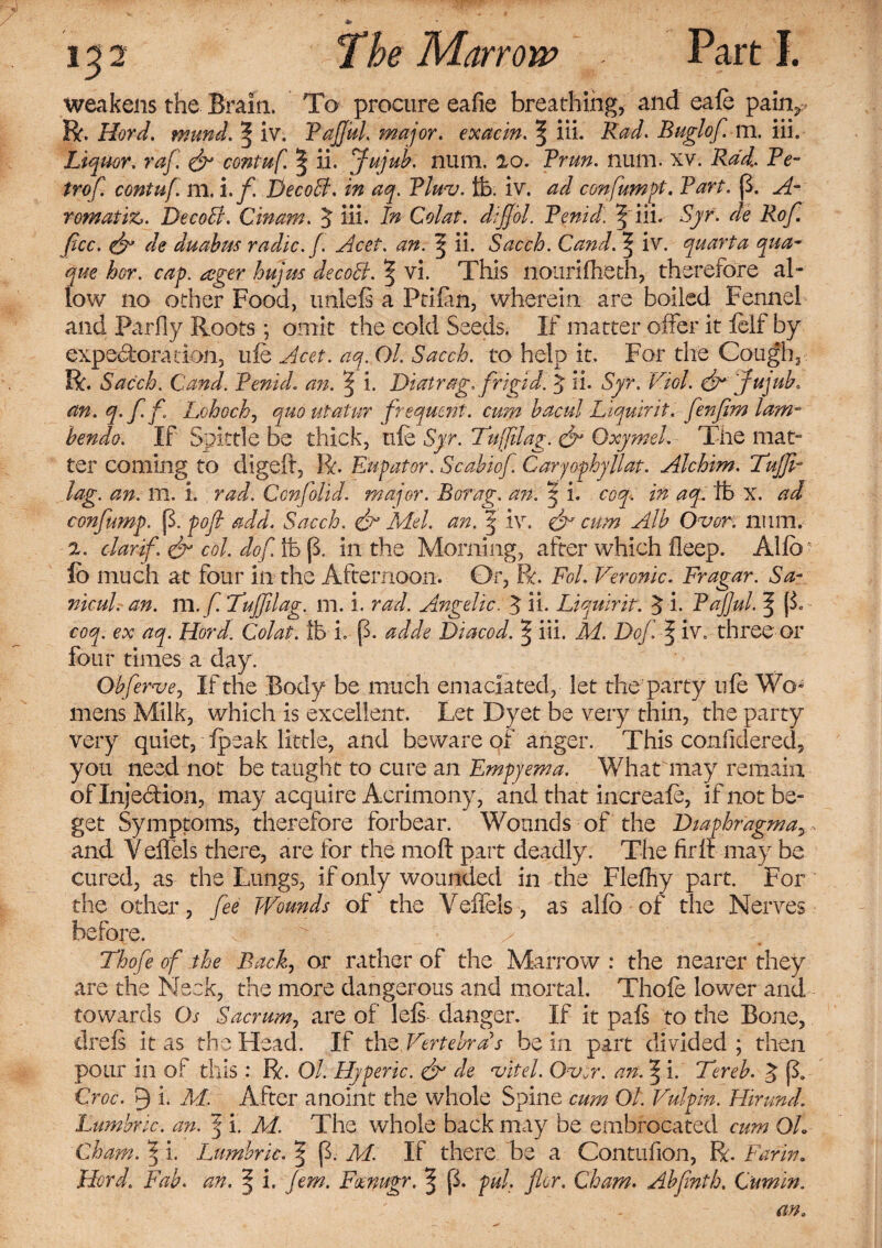 / ■ weakens the Brain. To procure eafie breathing, and eafe pai% R. Hord. murid. ^ iv. PaJJul. major, exacin. | iii. Rad. Buglof. m. iii. Liquor, raf. & contuf. | ii. Jujuh. num. 20. Prun. num. xv. Rad,. Pe¬ tr of. contuf. m. i.f. DecoB. in aq. Pluv. ft. iv. ad confumpt. Part. (3. A- romatiz. DecoB. Cinam. 5 iii. In Colat. dijjol. Penid. ^ iii. Syr. de Rof. fee. Bv de duabus radio, f. Acet. an. | ii. Sacch. Cand. ^ iv. quarta qua- que bor. cap. eeger hujm decoB. % vi. This nourifheth, therefore al¬ low no other Food, unleft a Ptifan, wherein are boiled Fennel and Parfly Roots; omit the cold Seeds. If matter offer it feif by expeefora don. life Acet. aq. Ol. Sacch. to help it. For the Cough, R. Sacch. Cand. Penid. an. % i. Diatrag. frigid. $ ii. Syr. Viol. Br'fuqub. an. q.f f Lohoch, quoutatur frequent, cum hacul Liquirit. fenfim lam- bendo. If Spittle be thick, life Syr. Tufilag. & Oxymel. The mat¬ ter coming to digeft, R. Eupator. Scahiof Carjophyllat. Alchim. Tujfi- lag. an. tti. i. rad. Con]olid, major. Borag. an. x i. coq. in aq. ft x. ad confump. p. pofi add. Sacch. Bn Mel. an. | iv. & cum Alb Ovor. num. 2. Bar if. & col. dof ft (1 in the Morning, after which deep. Alfb lb much at four in the Afternoon. Or, ft. Pol. Veronic. Fragar. Sa- nicul. an. Ttl.f Tujfdag. m. i. rad. Angelic. S H- Liquirit. 5 i- Pa/Jul. | [$. coq. ex aq. Hord. Colat. ft i. p. adde Diacod. ^ iii. M. Dof. % iv. three or four times a day. Obferve, If the Body be much emaciated, let the party life Wo¬ mens Milk, which is excellent. Let Dyet be very thin, the party very quiet, ipeak little, and beware of anger. This confidered, you need not be taught to cure an Empyema. What may remain of Injection, may acquire Acrimony, and that increafe, if not be¬ get Symptoms, therefore forbear. Wounds of the Diaphragm a^ and V effels there, are for the moft part deadly. The firm may be cured, as the Lungs, if only wounded in the Flefhy part. For the other, fee Wounds of the Veffels, as alfb of the Nerves before. o  / : Thofe of the Back, or rather of the Marrow : the nearer they are the Neck, the more dangerous and mortal. Thofe lower and towards O; Sacrum, are of left danger. If it paft to the Bone, dreft it as the Head. If the Vertebra s be in part divided ; then pour in of this : R. Ol. Hyperic. Bn de Ait el. Ou^r. an. ^ i. Vereb. £ jL Croc. 3 i. M. After anoint the whole Spine cum Ol. Vulpin. Hirund. Lumbric. an. 5 I. M. The whole back may be embrocated cum OL Cham. ^ i. Lumbric. | p. M. If there be a Contufion, R. Far in. Herd. Fab. an. § i. Jem. Foenugr. ^ p. pul. for. Cham. Abfnth. Cumin. an.