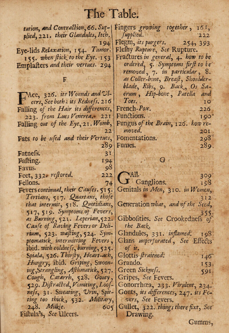 ration, and Contraction, 66. Sup- j plied, 221. their Glandules, Itch. *94 EyeJids Relaxation, 154. Tumor. 155. when ftick^to the Eye. 153 Emplafters and their venues. 294 F Ij'Ace, 3 26. Its Wwinds and 'Vl- 1' cers, See bothits Rednefs. 2\6 Falling of the Hair its differences, 223. from Lues Venerea.* 221 Falling oat of the Eye, 21. Womb, 22 Fats to be ffed and their Vcrtues, * ‘ 289 Fatnefs. 3.1 Faffing. 194 Favus. 98 Feet, 332.* reftored. 222 Fellons. 74 Fevers continual, their Caffes. 515. Tertians, 517. Quartans, thofe that intermit, 518. Quotidians, 517, 519. Symptoms of Fevers, as Burning, 521. Leperian, 522. Caffe of Raving Fevers or Deli¬ rium, 523. wafting, 524. Sjw- ptomatick^ intermitting Fevers, ibid. with coldnefs, burning, 525. Spiala, 5 26. Thirfty, Heart-acb, Hungryr ibid. Griping, Swoon¬ ing,Strangling, j4fth?natick, 527. Cough, Catarrh, 528. Gouty, 529. Diftracled, Vomiting, Loof- nefs, 31. Sweating, Vrin, Spit¬ ting too thicks, 532. Military, 248. Milkie. 605 FiiMa’s, See Ulcers. Fingers growing together , i‘5i, fapplied. 222 Flegm, itspurgers. 254,393 Flefhy Rupture, See Rupture. Fra&ures general, 4. /70ft? ordered, 5. Symptoms firft to be' removed, 7. particular, 8. Coller-bone, Breaft, Shoulder- blade, Ribs, 9. Bacft, Os Sa¬ crum , Hip-bone, Patella and Toes. . 10 French-P0^. 226 FunetionSc . 190 Fungus of the Brain, 126. how re¬ moved. 201 Fomentations.- 298“ Fumes. 289.. Q 309- Ganglions. 198 Genitals in Men, 310. in Women.,, * 12 . Generation tpW, and of the Seed, 3 55- Gibbofities. See Crookednefs of the Bach. Glandules, 331. inflamed: 198 Gians unperforated, See EffeScs' of it. Glottis ftr aimed: 146 Grando. 153, G reen Sicknefs. 591 Gripes, See Fevers. Gonorrhoea, 233. Virulent, 234.': Gouts, its differences, 247. its Fe¬ vers, See Fevers. Gullet, 322. thing's there fixt. See 1 Drawing. Gumms*