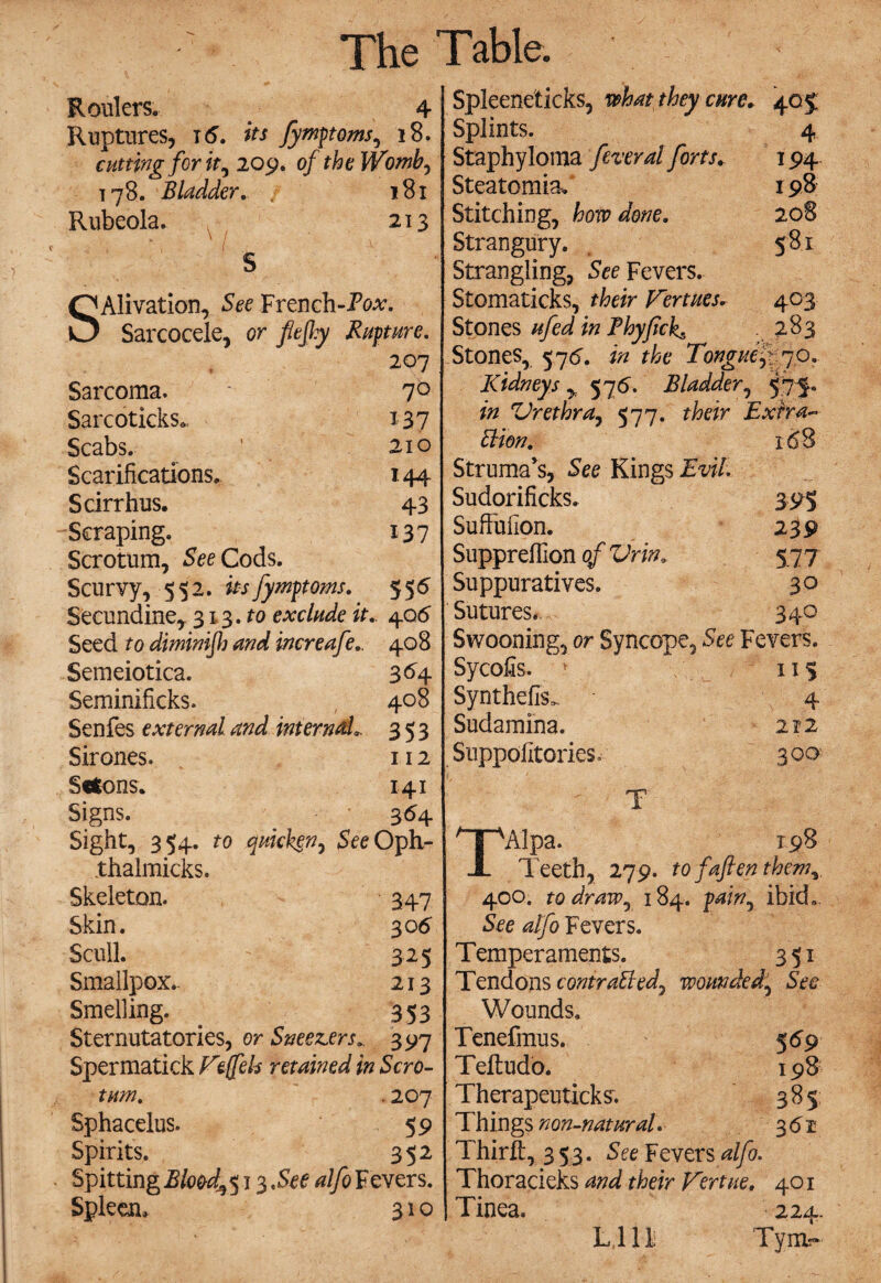 Routers. . 4 Ruptures, t6. its Jymptoms^ 18. cutting for it, 209. 0/ the Womb, 178. Bladder. , 181 Rubeola. 213 SAlivation, See French-Po*. Sarcocele, or jtfejty Rupture. 207 Sarcoma. 7b Sarcoticks* 137 Scabs. ' 210 Scarifications. 144 Scirrhus. 43 Scraping. 137 Scrotum, See Cods. Scurvy, 552. its fymptoms. 556 Secundine, 313. to exclude it. 406 Seed to diminijh and increafe.. 408 Semeiotica. 364 Seminificks. 408 Senfes external and internal* 353 Sirones. 112 Scions. 141 Signs. 364 Sight, 354. to quicken) SeeOph- Xhalmicks. Skeleton. 347 Skin. 30 6 Scull. 325 Smallpox- 213 Smelling. 353 Sternutatories, or Sneezers. 397 Spermatick Vejfels retained in Scro¬ tum. . 207 Sphacelus. 59 Spirits. 352 Spitting Bloody 13.See alfo Fevers. Spleen, 31 o Spleeneticks, what they cure. 405 Splints. 4 Staphyloma federal forts* 194 Steatomia* 198 Stitching, how done. 208 Strangury. . 581 Strangling, See Fevers. Stomaticks, their Fertues. 403 Stones ufed in Fhyfck^ . 283 Stones, 576. in the Tonguefjo. Kidneys y 576. Bladder, 57-J. in Urethra, 577. their Extra~ Elion. 168 Struma's, See Kings Evil. Sudorificks. 395 SufFufion. 239 Supprefiion 0/ ZT/T 577 Suppuratives. 30 Sutures. 340 Swooning, or Syncope, See Fevers. Sycofis. v 115 Synthefis*. 4 Sudamina. 212 Suppofitories, 300 T TAlpa. 198 Teeth, 279. to faftenthem^ 400. to dr aw, 184. pain^ ibteL See alfo Fevers. T emperaments. 351 Tendons contraUed^ wounded, See Wounds, Tenefmus. 559 Teftudo. 198 Therapeutic^. 385: Things non-natural. 36n Thirft, 3 53. See Fevers alfo. Thoracieks and their Vertue, 401 Tinea. 224. Tynt- LI 11;