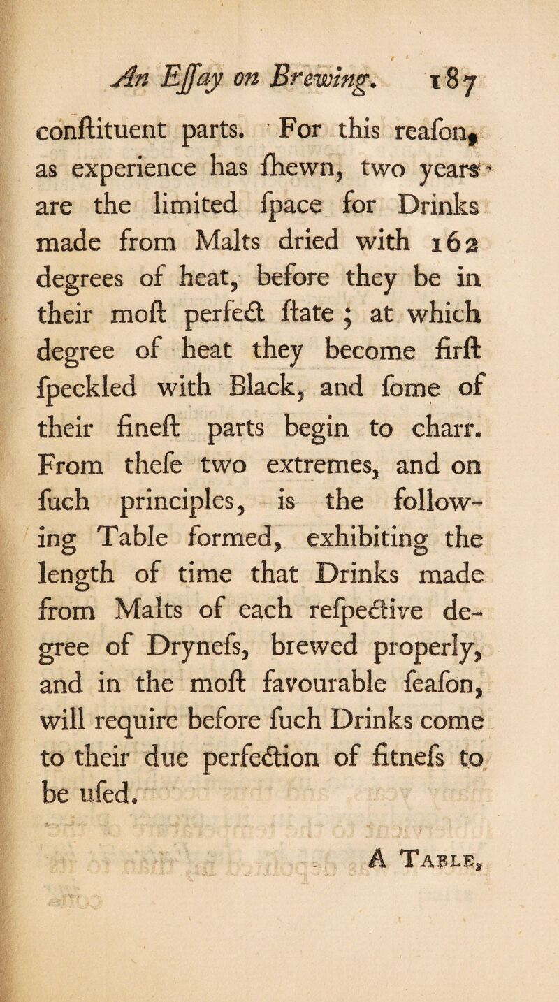 conftituent parts. For this reafon, as experience has {hewn, two years* are the limited fpace for Drinks made from Malts dried with 162 degrees of heat, before they be in. their moft perfect ftate ; at which degree of heat they become firft fpeckled with Black, and fome of their fineft parts begin to charr. From thefe two extremes, and on fuch principles, is the follow¬ ing Table formed, exhibiting the length of time that Drinks made from Malts of each relpedtive de¬ gree of Drynefs, brewed properly, and in the moft favourable feafon, will require before fuch Drinks come to their due perfection of fitnefs to be ufed. A Table