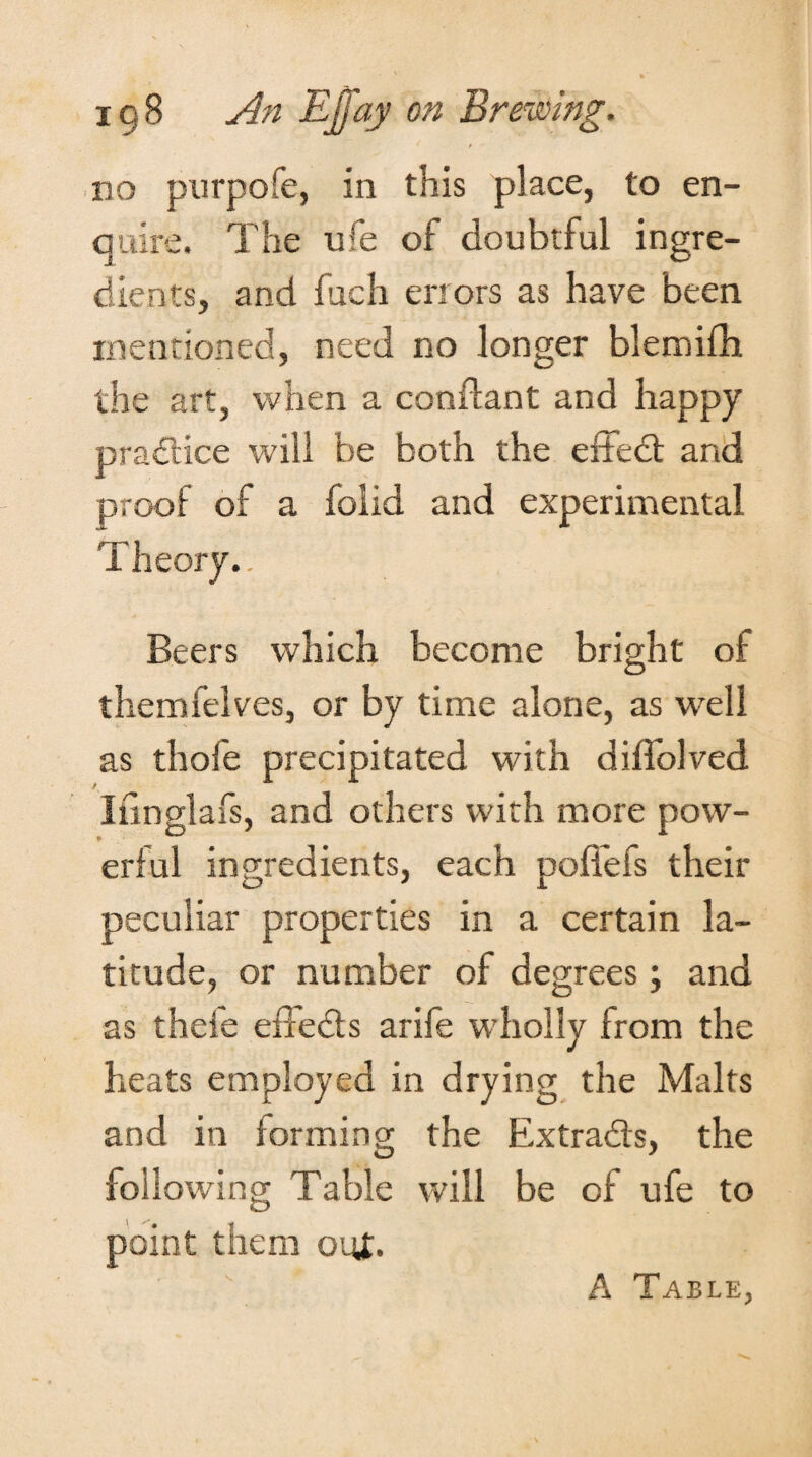 no purpofe, in this place, to en¬ quire. The the of doubtful ingre¬ dients, and fuch errors as have been mentioned, need no longer blemifh the art, when a conftant and happy practice will be both the effect and proof of a folid and experimental Beers which become bright of themfelves, or by time alone, as well as thofe precipitated with diffolved Ifinglafs, and others with more pow¬ erful ingredients, each poffefs their peculiar properties in a certain la¬ titude, or number of degrees; and as thefe effects arife wholly from the heats employed in drying the Malts and in forming the Extra&s, the following Table will be of ufe to point them out. A Table,