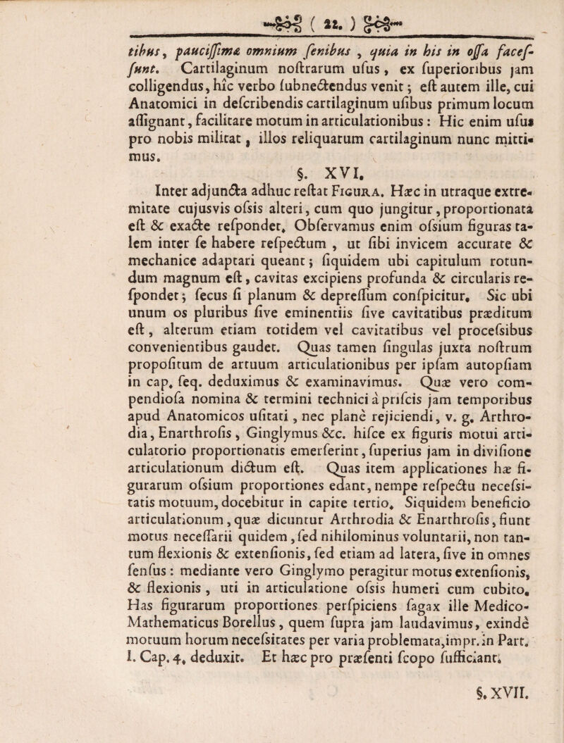 “-§41 ( 3 tibus, paucijfima omnium fenibus , /# his in ojfa face/-• fune. Cartilaginum noftrarum ulus> ex fuperionbus jam colligendus, hic verbo fubne&endus venit; eft autem ille, cui Anatomici in defcribendis cartilaginum ufibus primum locum aflignant, facilitare motum in articulationibus: Hic enim ufuj pro nobis militat, illos reliquarum cartilaginum nunc mitti» mus. §. XVI. Inter adjun&a adhuc reftat Figura, Ha?c in utraque extre¬ mitate cujusvis ofsis alteri, cum quo jungitur,proportionata eft Sc exadte refponder. Obfervamus enim ofsium figuras ta¬ lem inter fe habere refpe&um , ut fibi invicem accurate 8c mechanice adaptari queant} fiquidem ubi capitulum rotun¬ dum magnum eft, cavitas excipiens profunda &c circularisre- fpondet; fecus fi planum 3c depreftiim confpicitur. Sic ubi unum os pluribus five eminentiis five cavitatibus praeditum eft, alterum etiam totidem vel cavitatibus vel procefsibus convenientibus gaudet. Quas tamen lingulas juxta noftrum propofitum de artuum articulationibus per ipfam autopfiam in cap. feq. deduximus 3c examinavimus. Qua? vero com- pendiofa nomina & termini technici a prifcis jam temporibus apud Anatomicos ufitati, nec plane rejiciendi, v. g, Arthro- dia, Enarthrofis , Ginglymus &c. hifce ex figuris motui arci- culatorio proportionatis emerferint,fuperius jam indivifione articulationum di<ftum eft. Quas item applicationes ha? fi¬ gurarum ofsium proportiones edant, nempe refpe6tu necefsi- tatis motuum, docebitur in capite tertio. Siquidem beneficio articulationum,qua? dicuntur Arthrodia & Enarthrofis,fiunt motus neceflarii quidem ,fed nihilominus voluntarii, non tan¬ tum flexionis 5c extenfionis, fed etiam ad latera, five in omnes fenfus: mediante vero Ginglymo peragitur motus extenfionis, &c flexionis , uti in articulatione ofsis humeri cum cubito. Has figurarum proportiones perfpiciens fagax ille Medico- Mathematicus Borellus, quem fupra jam laudavimus, exinde motuum horum necefsitates per varia problemata,impr.in Part. I. Gap, 4. deduxit* Et ha?c pro prasfenti fcopo fufticianti 5. XVII.