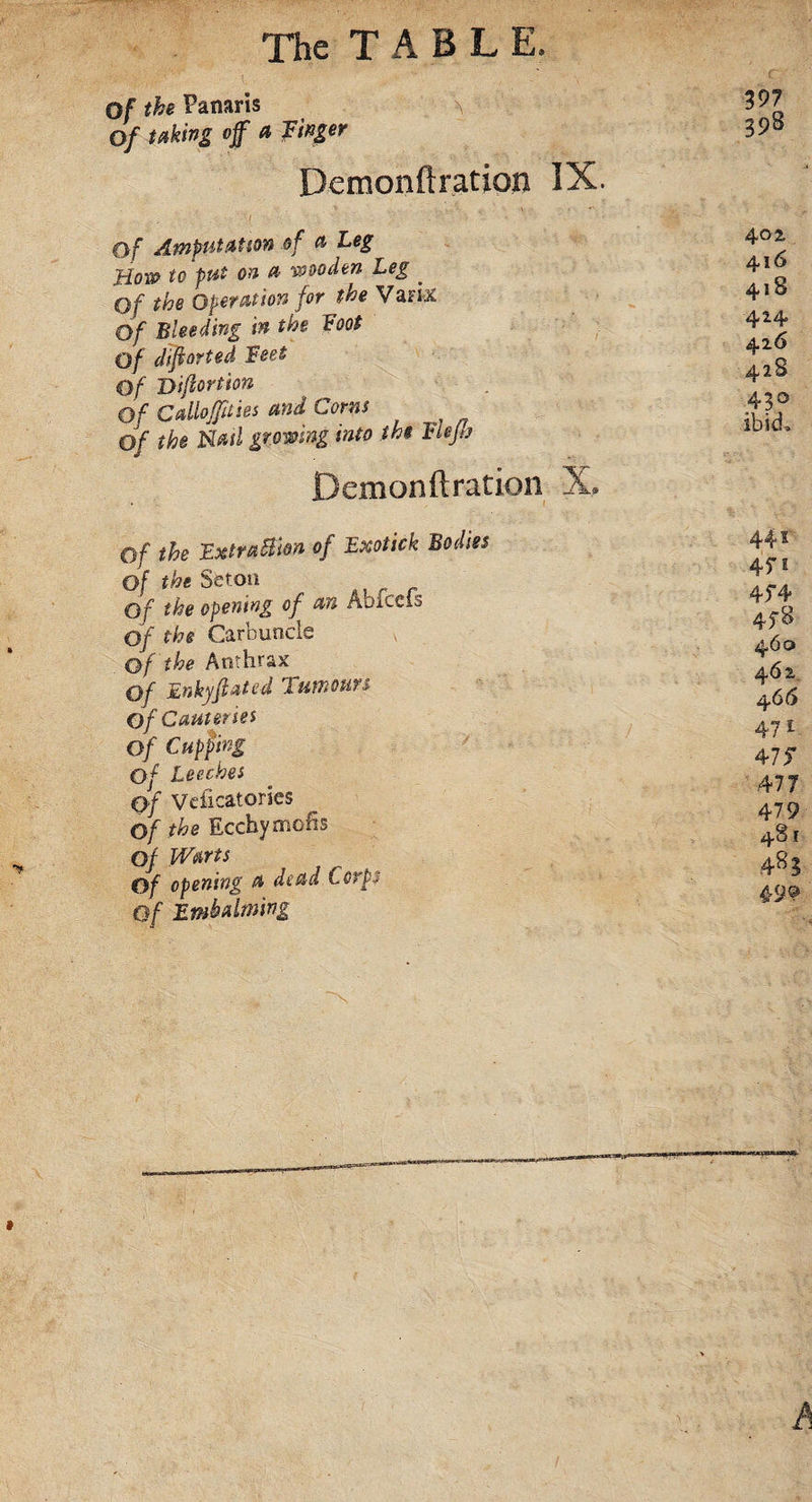 Of the Panaris Of taking off a Finger Demonftration IX. '•! - ' ‘ V'- of Amputation of a Leg How to put on a wooden Leg . Of the Operation for the Vari,&amp; Of Bleeding in the Foot Of diftorted Feet Of Diflortion Of Calloffities and Corns Of the Nad growing into the Fiefs Demonftration X* Of the Extraction of Exotick Bodies Of the Seton ^ Of the opening of an Abiceis Of the Carbuncle x Of the Anthrax Of Enkyfated Tumours Of Cauteries Of Cupping Of Leeches Of Velicatories Of the Ecchymolis Of Warts Of opening a dead Corps Of Embalming