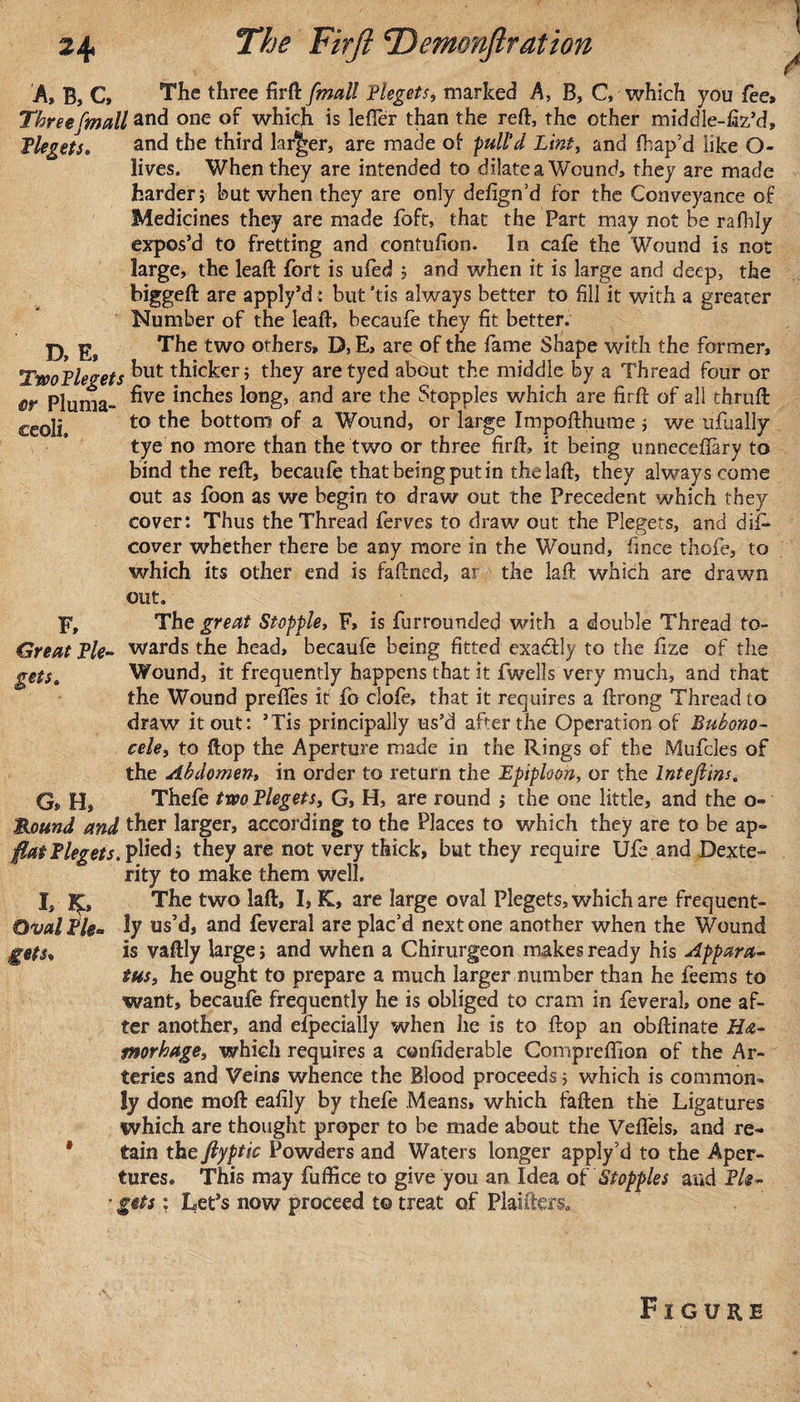 ceoli. A, B, C, The three firft f,mall Plegets, marked A, B, C, which you fee* Three[mall and one of which is lefier than the reft, the other middle-fiz’d, Plegets. and the third larger, are made of full'd Lint, and fhap’d like O- lives. When they are intended to dilate a Wound, they are made harder; hut when they are only defign’d for the Conveyance of Medicines they are made foft, that the Part may not be rafhly expos’d to fretting and contufion. In cafe the Wound is not large, the leaft fort is ufed ; and when it is large and deep, the biggeft are apply’d: but ’tis always better to fill it with a greater Number of the leaft, becaufe they fit better. D, E, The two others, D, E, are of the fame Shape with the former, TwoPleeets ^ut thicker; they aretyed about the middle by a Thread four or er Pluma- ^ve ^nches long* and are the Stopples which are firft of all thruft to the bottom of a Wound, or large Impofthume ; we ufually tye no more than the two or three firft, it being unneceftary to bind the reft, becaufe that being put in thelaft, they always come out as foon as we begin to draw out the Precedent which they cover: Thus the Thread ferves to draw out the Plegets, and dis¬ cover whether there be any more in the Wound, fince thofe, to which its other end is faftned, ar the laft which are drawn out. The great Stopple, F» is furrounded with a double Thread to¬ wards the head, becaufe being fitted exactly to the fize of the Wound, it frequently happens that it fwells very much, and that the Wound prefles if fo clofe, that it requires a ftrong Thread to draw it out: ’Tis principally us’d after the Operation of Bubono¬ cele, to flop the Aperture made in the Rings of the Mufcles of the Abdomen, in order to return the Epiploon, or the Inteflins. Thefe two Plegets, G, H, are round ; the one little, and the o- M.ound and ther larger, according to the Places to which they are to be ap» flat Plegets. plied; they are not very thick, but they require Ufe and Dexte¬ rity to make them well. I. The two laft, I, K, are large oval Plegets, which are frequent¬ er/ Pie* ly us’d, and feveral are plac’d next one another when the Wound is vaftly large; and when a Chirurgeon makes ready his Appara¬ tus, he ought to prepare a much larger number than he feems to want, becaufe frequently he is obliged to cram in feveral one af¬ ter another, and especially when he is to flop an obftinate H&amp;- morhage, which requires a confiderable Gompreftion of the Ar¬ teries and Veins whence the Blood proceeds; which is common* ly done moft eafily by thefe Means, which faften the Ligatures which are thought proper to be made about the Veflels, and re¬ tain the ftyptic Powders and Waters longer apply’d to the Aper¬ tures. This may fuftice to give you an Idea of Stopples and Pie* gets; Let’s now proceed t© treat of Planters. F, Great Pie- gets. a h.