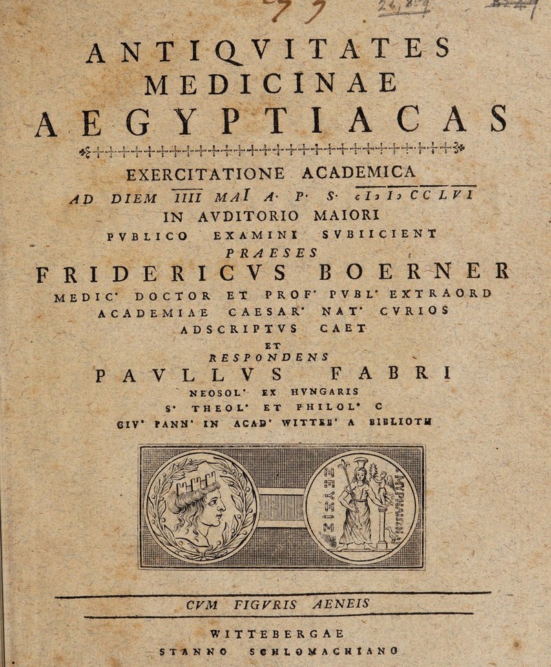 MEDICINAE AEG Y P T I A C A S *• i.Mlt L»un •»«' . B s '• i i i • » ! s ■; f ? 5 j ««*£•»« lliuil #*«•«#» *•••-•• 4»*«<«•« i j . - I 1 • a ( : : ! l ; ; ■ > ; % I N*!«* ».*'**•« •!•:«•« lilii» !»<•» ••>«■«9 ■ i -i i i I » s i i » » • ! 1 ! * AD EXERCITATIONE ACADEMICA diem Tiii maI a■ p■ s- do Io C C L V I IN AVDITORIO MAIORI PVBLIGO EXAMINI S VBIICIENT PRAESES t F R I D EM C V S B O E R N E R MEDIC- doctor et prof- pvbl- extraord ACADEMIAE CAESAR' NAT' CVRlOS adscriptvs caet ET RESPONDENS P A V L L V S FABRI NEOSOL* EX HVNGARIS S* THEOL* ET FHILOL* C GIV PAN N* IN AC AB * WITTEB1 A SIBLIOTM CVM FIGVRIS AENEIS WITTEBERGAE