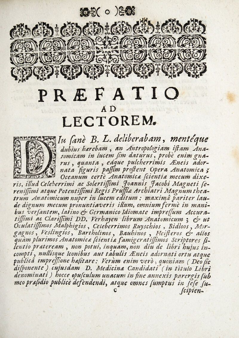 LECTOREM. fu fane B. L. deliberabam, mente que dubius h arebam , an Antropologiam i (tam Ana¬ tomicam in Lucem fim daturus, probe enim gna¬ rus , quanta , edque pulcherrimis JEneis ador¬ nata (iguris paflfim proflent Opera Anatomica ; Oceanum certe Anatomica [cientia mecum dixe¬ ris, illud Celeberrimi ac Soler tiflimi flo annis flacobi Magneti fe- renijflmi atque Potentijfimi Regis Prujfia Archiatri Magnum thea¬ trum Anatomicum nuper in lucem editum : maxima, pariter lau¬ de dignum mecum pronuntiaveris illum, omniumfer me in mani¬ bus verfantem, latino &amp; Germanico Idiomate imprefjum Accura- tiflimi ac Clarijflmi DD. Verhayen librum Anatomicum ; &amp; ut Oculat i (fimos Malphigios, Celeberrimos Ruyschios , Bidloos , Mor¬ gagnos, Veslingios, Barthohnos, Bauhinos , Heifleros &amp; alios quam plurimos Anatomica (cient ia f amigeratijfirnos Scriptores fi- Jentio prateream , non potui, inquam, non diu de libri huius in¬ compti , nullisque Iconibus aut tabulis Ane is adornati ortu atque publica tmprefllone hafitare: Verum enim vero . quoniam ( Deo fic di (ponente) cujusdam D. Medicina Candidati (in titulo Libri denominati ) hocce opufculum unacum in fine annexis parergis(kb meo prafidio publice defendendi, atque omnes (umptus in fefe flt- c Jcipien-