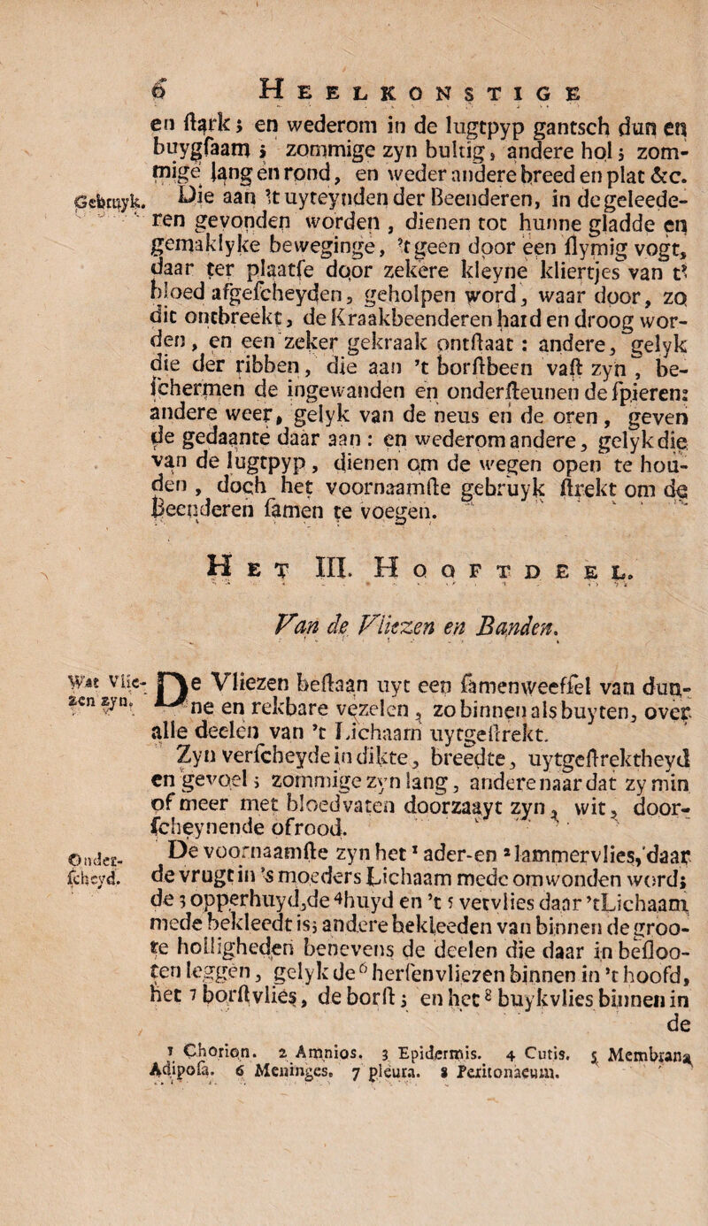 I (f Heelkonstige en Hark; en wederom in de Ingtpyp gantsch dun en buygfaam > zommige zyn bultig, andere hql , zom¬ pige lang én rond, en weder andere breed en plat 6cc. Gebrayk. Qie aan ’tuyteynden der Beenderen, indegeleede- ren gevonden worden , dienen tot hunne gladde en gemaklyke beweginge, Tgeen door een flyrnig vogt, daar ter plaatfe dopr zekere kleyne kliertjesvan bloed afgefcheyden, geholpen word, waar door, zq dit ontbreekt, de Kraakbeenderen haid en droog wor¬ den , en een zeker gekraak pntftaat: andere, gelyk die der ribben, die aan ’t borftbeen vaft zyn , be- Jeherrnen de ingewanden en onderfteunen de fpieren: andere weer» gelyk van de neus en de oren , geven de gedaante daar aan : en wederom andere, gelyk die van de lugtpyp, dienen cm de wegen open te hou¬ den , doch het voornaamfte gebruyk ftrekt om de Beenderen famen te voegen. Het III. Hoqftdeee» V%n de F Hezen en Banden. „ !■ c ' •' T. . • f * Wat viic- r\e Vliezen beftaan uyt een famenweeffel van dup- zyn, J^ne en rekbare vezelen, zo binnen als buyten, over alle deelén van ’t Lichaam uytgellrekt. Zyn verfcheyde in dikte, breedte, uytgeftrektheycl en gevoel; zommige zyn lang, andere naar dat zymin of meer met bloedvaten doorzaayt zyn ^ wit, door- icheynen.de ofrood. ©iïde£- voornaamfte zyn het1 ader-en 2lammervlies,'daar fcbcyd. de vrugt in ’s moeders Lichaam mede om wonden word; de 5 opperhuydjde^huyd en ’t 5 vetvlies daar ’tLichaam mede bekleedt is; andere hekleeden van binnen de groo- te holligheden benevens de deelen die daar in befloo- ten leggen, gelyk deö herfenvliezen binnen in ’t hoofd, net 7 borftvliés, de borft; en het8 buykvlies binnen in , de ï Chorion. z Amnios, 3 Epidermis. 4 Cutis. 5 Membranai