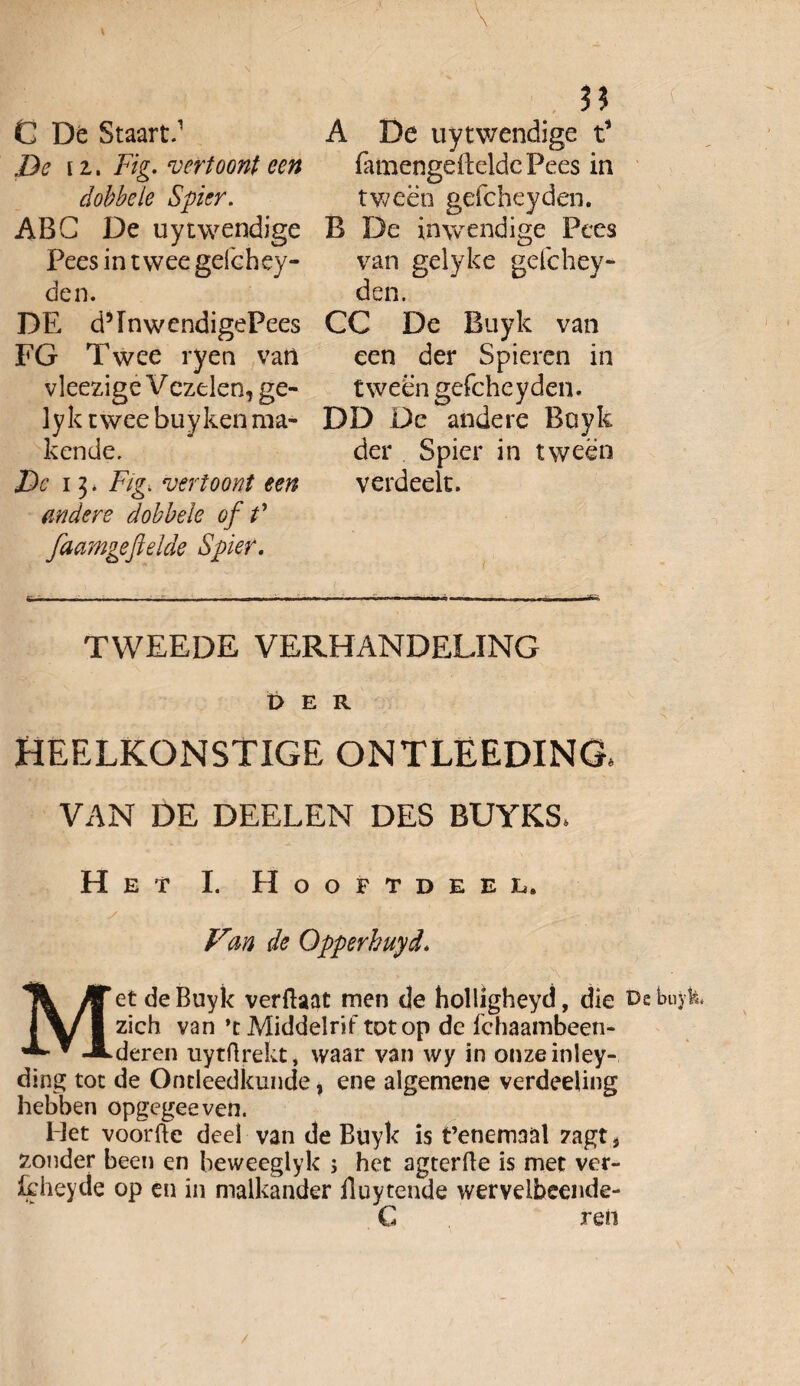 C Dé Staart.1 De 11. Fig. vertoont een dobbele Sper. ABC De uytwendige Pees in twee geichey- den. DE d’InwcndigePees FG Twee ryen van vleezige V ezelen, ge- lyk twee buyken ma¬ kende. Dc 13. Fig. vertoont een andere dobbele of f faamgefielde Sper. A De uytwendige t1 famengefteldePees in tweën geicheyden. B De inwendige Pees van gelyke geichey¬ den. CC De Buyk van een der Spieren in tweën gefcheyden. DD De andere Rayk der Spier in tweën verdeelt. TWEEDE VERHANDELING t> E R HEELKQNSTIGE ONTLEEDING* VAN DE DEELEN DES BUYKS* Het I. Hooftdeee. M V%n de Qpperhuyd. et de Buyk verftaat men de holligheyd, die t)e buyfe. zich van ’t Middelrif tot op de fchaambeen- deren uytdrekt, waar van wy in onzeinley- ding tot de Ontleedkunde, ene algemene verdeeling hebben opgegeeven. Het voorde deel van de Buyk is t’enemaal zagt * zonder been en beweeglyk ; het agterfle is met ver- kheyde op en in malkander Huytende werveibeemte- C ren