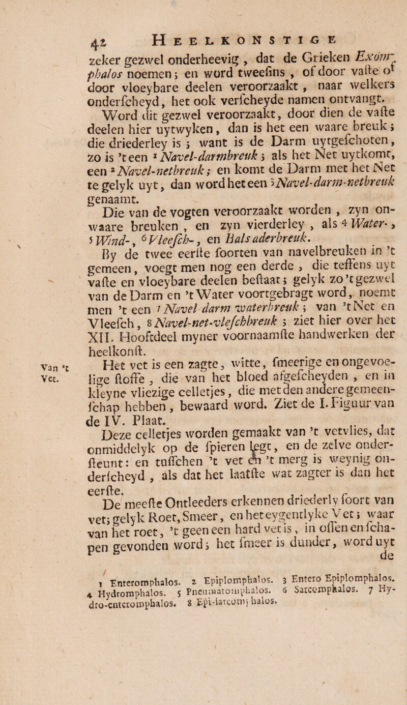 Van *t Yct. 42 Heelkonstige zeker gezwel onderheevig , dat de Grieken Exonr phalos noemen; en word twecdns , of door vafte o door vloeybare deelen veroorzaakt , naar welkers onderfcbeyd, het ook verfcheyde namen ontvangt. Word dit gezwel veroorzaakt, door dien de vafte deelen hier uytwyken, dan is het een waare oreuk; die driederley is ; want is de Darm uytgefchoten, zo is ’teen 1 Navel-darmbreuk; als het Net uytkomt, een 2 Navel-netbreuk; en komt de Darm met het Net te gelyk uyt, dan word het een ïNavel-durm-netbreuk genaamt. Die van de vogten veroorzaakt worden , zyn on¬ waar e breuken , en zyn. vierderley , als 4 Water-, 5 Wind-, 6Vleefch-, en Bals aderbreuk. By de twee eerfte foorten van navelbreuken in ’c gemeen, voegt men nog een derde 3 die teftens uyt vafte en vloeybare deelen beftaat; gelyk zo’c gezwel van de Darm en ’t Water voortgebragc word, noemt men ’t een 1 Navel darm waterbreuk ; van ’tNct en Vleefch, 8 Navel-net-vlejchbreuk ; ziet hier over het XIL Hoofcdeel myner voornaamfte handwerken der heelkonft. Het vet is een zagte, witte, fmeenge en ongevoe¬ lige doffe , die van het bloed afgefcheyden , en in kfeyne vliezige celletjes, die met den andere gemeen- fcbap hebben, bewaard word. Ziet de I. Figuur van de IV. Plaat. , r . Deze celletjes worden gemaakt van ’t vetvlies, dat onmiddelyk op de ipieren tegc, en de zelve onder¬ deunt : en tuffchen ’t vet ên ’t merg is weymg on- derlcheyd , als dat het laatfte wat zagter is dan het eerde. De meefte Ontleeders erkennen driederly foort van vet; gelyk Roet, Smeer, enheteygentlyke Vet; waar van het roet, ’t geen een hard vet is, in oliën en lcha- pen gevonden word; het imeer is dunucr, worduyt cl c* 1 ‘Enteromphalos. 2. Epiplomphalos. 3 Entero Epiplomphalos. 4 Hydromphalos. 5 Pneuroatoiuphalos. 6 SarcoropRalos. 7 Hy-