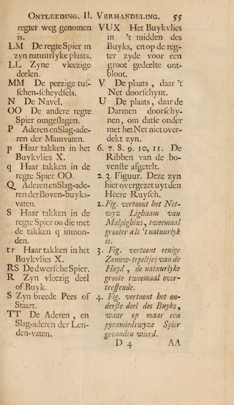 regter weg genomen is. LM De regte Spier in zyn natuurlyke plaats. LL Zyne vieezige deelen. MM De poezige tuf- fchen-fche y d fel s. N De Navel. OO De andere regte Spier omgdlagen. P Aderen enSlag-ade- ren der Mam vaten. p Haar takken in het Buykvlies X. q Haar takken in de regte Spier OO. o. Aderen enSlag-ade- ren derBo ven-buyks- vaten. S Haar takken in de regte Spier oo die met de takken q inmon¬ den. t r Haar takken in het Buykvlies X. RS De dwerfche Spier. R Zyn vleezig deel of Buy k. S Zyn breede Pees of Staart. TT De Aderen , cn Slag-aderen der Len¬ den-vaten. VUX Het Buykvlies in ’t midden des Buyks, en op de reg¬ ter zyde voor een groot gedeelte ont¬ bloot. V De plaats , daar ?t Net doorfchynt. U De plaats, daar de Darmen doorfchy- nen, om datle onder met hetNet niet over¬ dekt zyn. 6. 7. 8. 9. 10, ir. De Ribben van de ho¬ vende afgetelt. 2.3. Figuur. Deze zyn hier overgezet uy t den Hëere Ruyfch. z.Fig. vertoont het Net» wyz Lighaam van Malpighius, tweemaal grooter a Is ’t natuurlyk is. 3. Fig. vertoont eenige Zenuw'■tepeltjes van de Huyd 5 de natuurlyke groote tweemaal over¬ treffende. 4. Fig. vertoont het on¬ der fie deel des Buyks, waar op maar een pyramiedswyze Spier gevonden wierd. ° D 4 AA 1