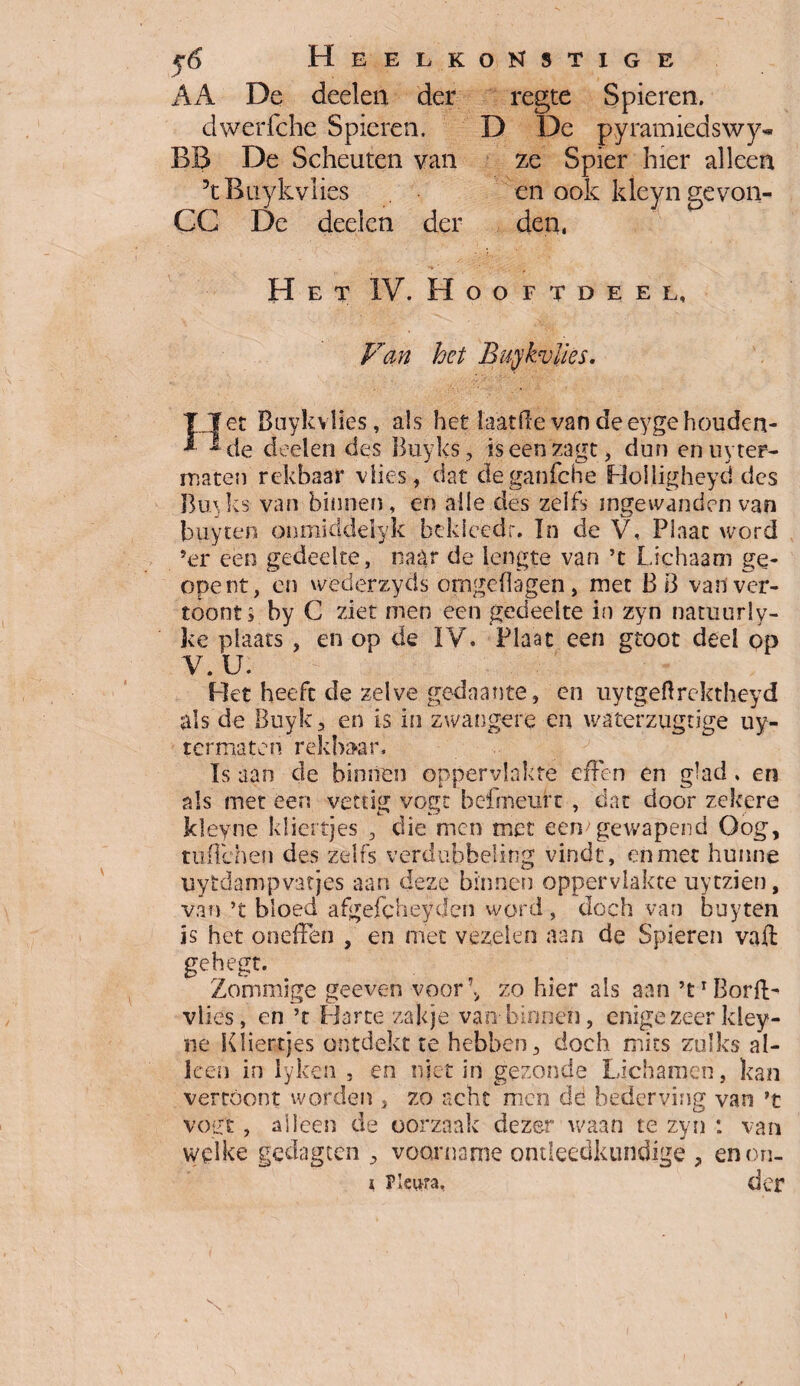 AA De deelen der regte Spieren. dwerfche Spieren. D De pyramiedswy- BB De Scheuten van ze Spier hier alleen ’tBiiykvlies en ook kleyn gevon- CG De deelen der den, Het IV. Hooft deel. Fan het Buy k.v lies. Ï. Ter Buykvlies, als het la'atfte van de eyge houden- ^ de deelen des Buyks, iseenzagt, dun enuytep- maten rekbaar vlies, dat deganfche Holligheyd des Buyks van binnen, en alle des zelfs ingewanden van buyten onmiddelyk bekleedt. In de V, Plaat word ’er een gedeelte, naar de lengte van ’t Lichaam ge- opent, en wederzyds om ge (la gen, met BB van ver¬ toont» by C ziet men een gedeelte in zyn natuurly- ke plaats , en op de IV. Plaat een gtoot deel op V.U. Het heeft de zelve gedaante, en uytgeftrektheyd als de Buyk, en is in zwangere en waterzugtige uy- termaten rekbaar, Is aan de binnen oppervlakte effen en glad . en als met een vettig vogt befmeurt , dat door zekere kleyne kliertjes , die men met een'gewapend Oog, tuffehen des zelfs verdubbeling vindt, on met hunne uytdampvatjes aan deze binnen oppervlakte uytzien, van ’t bloed afgefcheyden word , doch van buyten is het oneffen , en met vezelen aan de Spieren vak ge h egt. Zommige geeven voor’, zo hier als aan ’HBoriB vlies, en T Harte zakje van binnen, enige zeer kley¬ ne Kliertjes ontdekt te hebben, doch mits zulks al¬ leen in lyken , en niet in gezonde Lichamen, kan vertoont worden , zo acht men dé bederving van ’t vogt, alleen de oorzaak dezer waan te zyn : van welke gedagcen , voorname ontleedkundige , enon- i Fleara, der