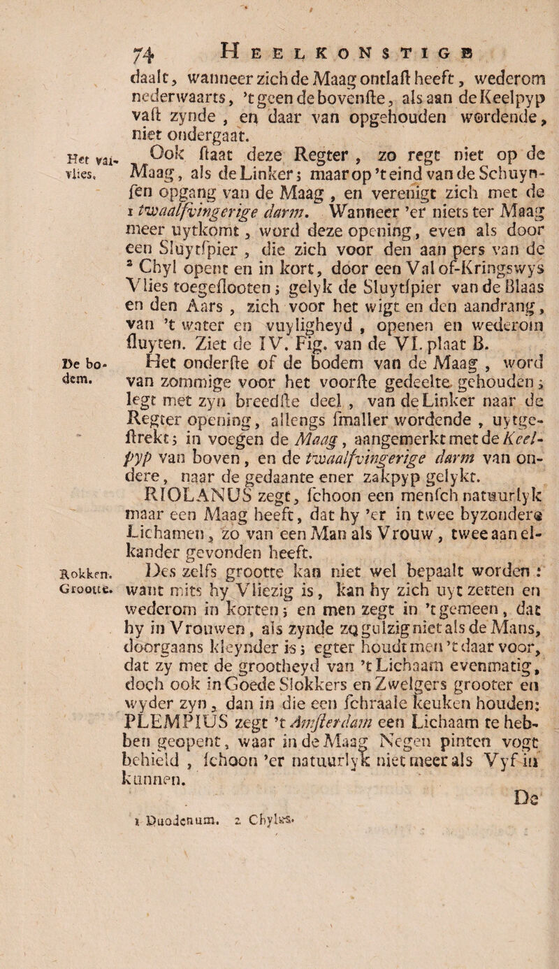 Het val vlies» De bo¬ dem. Kokken. Grootte. 74 Heelkonstigb daalt , wanneer zich de Maag ontlaft heeft, wederom nederwaarts, ’tgeendebovenfte, als aan deKeelpyp vali zynde , en daar van opgehouden wordende, niet ondergaat. Ook ftaat deze Regter , zo regt niet op de Maag, als de Linkers maarop’teindvandeSchuyn- fen opgang van de Maag , en verenigt zich met de 1 twaalfvingerige darm. Wanneer ’ef niets ter Maag meer uytkorrifc, word deze opening, even als door een Siuytfpier , die zich voor den aan pers van de 2 Chyl opent en in kort, door een Val of-Kringswys Vlies toegeflooten s gelyk de Siuytfpier van de Blaas en den Aars , zich voor het wigt en den aandrang, van ’t water en vuyligheyd , openen en wederom üuyten. Ziet de IV. Fig. van de VI. plaat B. Het onderfle of de bodem van de Maag , word van zommige voor het voorfle gedeelte gehouden s legt met zyn breedlle deel , van de Linker naar de Regter opening, allengs fmalier wordende , uytge- flrekts in voegen de Maag, aangemerkt met de Keel- pyp van boven , en de tzuaalfvingerige darm van ou¬ dere , naar de gedaante ener zakpyp gelykt. RIOLANUS zegt, fchoon een menfeh namurlyk maar een Maag heeft, dat hy ’cr in twee byzonders Lichamen, zo van een Man als Vrouw , twee aan el¬ kander gevonden heeft. Des zelfs grootte kan niet wel bepaalt worden : want mits hy Vliezig is, kan hy zich uyt zetten en wederom in korten j en men zegt in ’t gemeen , dat hy in Vrouwen, ais zynde ZQgulzignietalsdeMans, doorgaans kleynder is 5 egter houdt men’t daar voor, dat zy met de grootheyd van ’t Lichaam evenmatig, doch ook in Goede Slokkers enZwelgers grooter en wyder zyn, dan in die een fchraaie keuken houden: PLEMPIUS zegt ’t Amfterdam een Lichaam te heb¬ ben geopent, waar in de Maag Negen pinten vogt behield , ichoon’er namurlyk: niet meer als Vyfin kunnen. De'