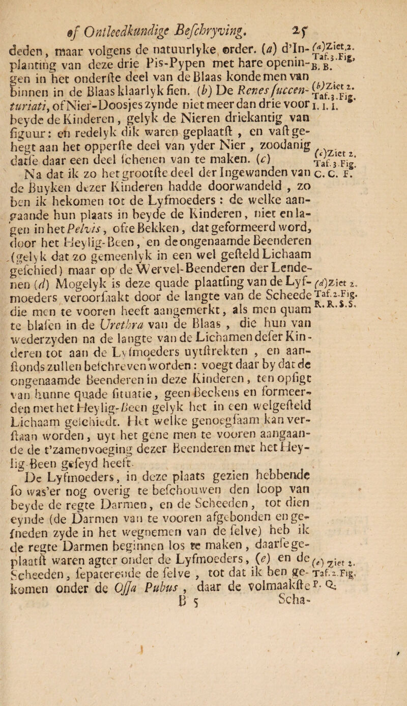 deden, maar volgens de natuurlyke, ©rder. (a) d’In- planting van deze drie Pis-Pypen met hare openin-B B>s“ gen in het onderfte deel van de Blaas kondemenvun binnen in de Blaas klaarlyk fien. (b) De Renes fuccen-^f^g turïatï, of Niei-Doosjes zynde niet meer dan drie voor L fi •' beyde de Kinderen, gelyk de Nieren driekantig van figuur: en redelyk dik waren geplaatft , en vaftge- hegt aan het opperfte deel van yder Nier , zoodanig datfe daar een deel Ichenen van te maken, (e) Taf.3% Na dat ik zo het grootlle deel der Ingewanden van c.c. r. de Buy ken dezer Kinderen hadde doorwandeld , zo ben ik bekomen tot de Lyfmoeders : de welke aan¬ gaande hun plaats in beyde de Kinderen, niet en la¬ gen in het Pelvïs, ofce Bekken, dat geformeerd word, door het Hey lig-Been, en de ongenaamde Beenderen ,(gelyk dat zo gemeenlyk in een wel gefield Lichaam gefchied) maar op de Wervel-Beenderen der Lende¬ nen (d) Mogelyk is deze quade plaatling van de Lyf- (d)z\ct z, moeders veroorfaakt door de langte van de Scheede Taf z.Fig. die men te vooren heeft aangemerkt, ais men quam ’ 1 ’ te blafen in de Urethra van de Blaas , die hun van wederzyden na de langte van de Lichamendefer Kin- deren tot aan de Lyfmoeders uytftrekten , en aan- iionds zullen beichreven worden: voegt daar by darde ongenaamde Beenderen in deze Kinderen, ten opligt van hunne quade fituatie, geen Beckens en formeer¬ den met het Hey lig-Been gelyk het in een welgefieid Lichaam gelchiedt. Het welke genoegfaam kanver- ftaan worden, uyt het gene men te vooren aangaan¬ de de t’zamenvoeging dezer Beenderen met hetHey- lig Been gefeyd heeft Dc Lyfmoeders, in deze plaats gezien hebbende fb was’er nog overig te befchouwen den loop van beyde de regte Darmen, en de Scheeden , tot dien eynde (de Darmen van te vooren afgebonden enge- fneden zyde in het wegnemen van de felve) heb ik de regte Darmen beginnen los te maken, daarfege- plaatft waren agter onder de Lyfmoeders, (e) en de ^ ziet t Scheeden, fepaterende de felve , tot dat ik ben ge-Taf.i.Fi^i komen onder de Oj]a Pubus , daar de volmaakfte Q; B 5 Scha-