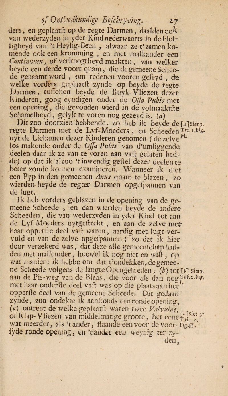 ders, en geplaatft op de regte Darmen, daaldenoo^ van wederzyden in yder Kind nederwaarts in de Hoi- iigheyd van ’t Heylig-Been , alwaar ze t’zamen ko¬ mende ook een kromming , en mee malkander een Continuüm, of verknogtheyd maakten, van welker beyde een derde voort quam, die degemeeneSchee- de genaamt word , om redenen vooren gefeyd , de welke vorders geplaatft zynde op beyde de regte Darmen, tuflehen beyde de Buyk-Vliezen dezer K inderen, gong eyndigen onder de Ofja Pubis mee een opening, die gevonden wierd in de volmaaktfte Schamdheyd, geiyk te voren nog gezeyd is, {a) Dit zoo doorzien hebbende, zo heb ik beyde de (Vjsietj. regte Darmen met de Lyf-Moeders, en ScheedenTEf-rrIs* uyt de Lichamen dezer Kinderen genomen ( de zelve M’ los makende onder de OJJa Pubis van d’omliggende deden daar ik ze van te voren aan vaft gelaten had- de) op dat ik alzoo ’t inwendig geftel dezer deelente beter zoude konnen examineren. Wanneer ik met een Pyp in den gemeenen Anus quam te blazen , zo wierden beyde de regter Darmen opgefpannen van de lugt. Ik heb vorders geblazen in de opening van de ge- meene Scheede , en dan wierden beyde de andere Scheeden, die van wederzyden in yder Kind tot aan de Lyf Moeders uytgeftrekt , en aan de zelve met haar opperfte deel valt waren, aardig met lugt ver¬ vuld en van de zelve opgefpannen : zo dat ik hier door verzekerd was, dat deze alle gemeenlchnphad- den met malkander, hoewel ik nog niet en wift, op wat manier: ik hebbe om dat t’ondekkemdegemee- ne Scheede volgens de langte Opengelheden, (b) tot{>] sier?, aan de Pis-weg van de Blaas, die voor als dan nogTaf.z.Fig» met haar onderfte deel vaft was op die plaats aan het1, opperfte deel van de gemeene Scheede. Dit gedaan zynde, zoo ondekte ik aanftonds een ronde opening, (O ontrent de welke geplaatft waren twee Valvulaey[ _ . of Klap-Vliezen van middelmatige groote5 het eeneVaE ? 3° wat meerder, als 5t ander, ftaande een voor de voor Fjg.'ru fyde ronde opening, en ’t ander een weynig ter zy- den3