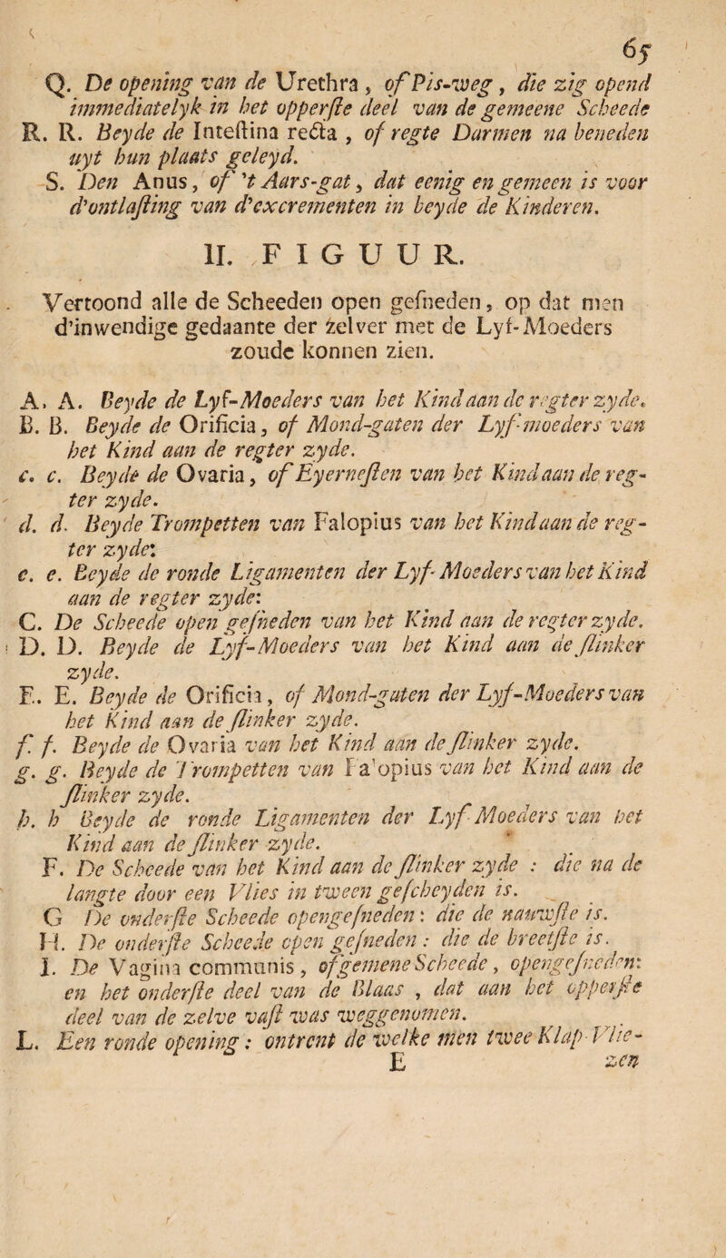 Q. De opening van de Urethra , ofPis-weg, die zig opend immediatelyk in het opperfte deel van de gemeene Schee de R. R. Beyde de Inteftina redta , of regte Darmen na beneden uyt hun plaats geleyd. S. Den Anus, of 't Aars-gat, dat eenïg en gemeen is voor d'ontlafling van d'excrementen in beyde de Kinderen. II. F I G U U R. Vertoond alle de Scheeden open gefneden, op dat men d’inwendige gedaante der fcelver met de Lyf-Moeders zoude konnen zien. A. A. Beyde de Lyf-Moeders van het Kind aan de r egt er zy de, B. B. Beyde de Orificia, of Mond-gaten der Lyf-moeders van het Kind aan de r egt er zyde. l\ c. Beyde de Ovaria, of Eyerneften van het Kind aan der eg- ter zyde. d. d. Beyde Trompetten van Falopius van het Kind aan de reg- ter zyde: c. e. Beyde de ronde Ligamenten der Lyf Moeders van het Kind aan de vegter zyde: C. De Scheede open gefneden van het Kind aan de refter zyde. D. D. Beyde de Lyf-Moeders van het Kind aan de flinker zyde. E. E. Beyde de Orificia, of Mond-gaten der Lyf-Moeders van het Kind aan de flinker zyde. f f. Beyde de Ovaria van het Kind aan de flinker zyde. g. g. Beyde de Trompetten van Fa’opius van het Kind aan de flinker zyde. h. h Beyde de ronde Ligamenten der Lyf Moeders van bet Kind aan de flinker zyde. F. De Scheede van het Kind aan de flinker zyde : die na de langte door een Vlies in tv:een gefcheyden is. G De onder fte Scheede openge[neclen: die de nauwfte is. H. De on derft e Scheede epen gefneden : die de hreetfte is. I. De Vagina communis , of gemene Scheede, opengefneden: en het on der ft e deel van de Blaas , dat aan het o pp erf e deel van de zelve va ft was weggenomen. L. Een ronde opening: 'ontrent de welke men twee Klap■ Vtie- F. zen