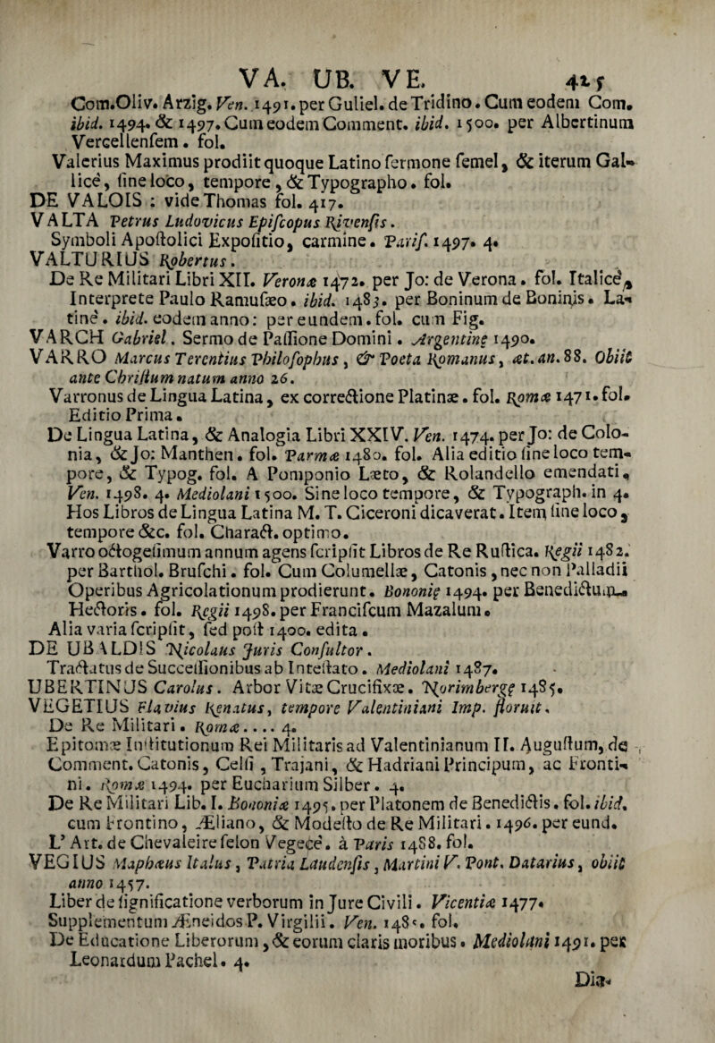 VA. UB. VE 4^f Com.Oliv. Arzig.Ven. i49i.perGuliel.deTridino.Cumeodem Com. ibid. 1494* & 1497*CumeodemComment. ibid. 1500. per Albcrtinuni VerGellenfem. fol. Valerius Maximus prodiit quoque Latino fermone femel, & iterum Gal- lice , fine loco, tempore , & Typographo. fol. DE VALOIS : vide Thomas fol. 417. V A LTA Tetrus Lndovicus Epifcopus Bgvenfis. Symboli Apoftolici Expofitio, carmine. Par//. 1497. 4. VALTlf RIUS Hubertus. De Re Militari Libri XII. Verona 1472. per Jo: de Verona. fol. Italice'^ Interprete Paulo Ramufaeo. ibid. 14Sj. per Boninumde Bonipis. La*» tine'. ibid. eodein anno: per eundem. fol. curi Fig. VARCH Gabriel. Sermo de Pallione Domini. Argentine 1490. VARRÒ Marcus Tercntius Vbilofopbus , &Voeta l\omanus, at.an.SS. Olili ante Cbri/iumnatum anno 26. Varronus de Lingua Latina, ex correzione Platina. fol. Kgma 147l* fol* Editio Prima. De Lingua Latina, & Analogia Libri XXIV. Ven. 1474. per Jo: de Colo¬ nia, &Jo:Manthen. fol. Tarma 1480. fol. Alia editio (ineloco tem¬ pore, & Typog. fol. A Pomponio Loeto, & Rolandello emendati Vcn. 1498. 4. Mediolani 1500. Sine loco tempore, & Tvpograph. in 4. Hos Libros de Lingua Latina M. T. Ciceroni dicaverat. Item line loco 3 tempore &c. fol. CharaZ. optimo. Varrò oZogdimum annum agens fcriplit Libros de Re Ruflica. Vggii 1482. per Bartliol. Brufchi. fol. Cum Columellae, Catonis ,nec non Palladii Operibus Agricolationumprodierunt. Bononi? 1494. per BenediZuupLa HeZoris. fol. i{cgii i49S.perFrancifcum Mazalunu Alia varia feripfit, fed poli 1400. edita • DE UBALD1S *]\[icolaus Juris Confultor. TraZatusdeSuccelfionibusab Intedato. Mediolani 1487« UBERTIN JS Carolus. Arbor VitoeCrucifìxoe. lgorimberg$ 1485. VEGETIUS Elavius bgnatus^ tempore Valentini ani Imp. floruit, De Re Militari, [{orna_4. Epitomo? Inditutionum Rei Militarisad Valentinianum IL Àuguftum, de Commcnt.Catonis, Celli, Trajani, & HadrianiPrincipum, ac Fronti¬ ni. ilpma 1494* per Eudiarium Silber. 4. De Re Militari Lib. I.Bononia 1495. per Platonem de BenediZis, fol. ibid* cum frontino, Aliano, & Modello de Re Militari. 1496- per eund. L’Art. de Chevaleirefelon Vegete. à Varis 1488. fol. VEGIUS Maphaus Italus, Tatria Lctudenjìs 3 Martini V. Tont. Datarius, obiti anno 1457. Liber de lignifìcatione verborum in Jure Civili. Vicentia i\n* SupplementumjEneìdosP. Virgilii. Ven. 148'. fol. De Educa tiene Liberorum ,& eorum Claris moribus • Alediohtnì 1491. peic LeonardumPache!. 4. Dia*