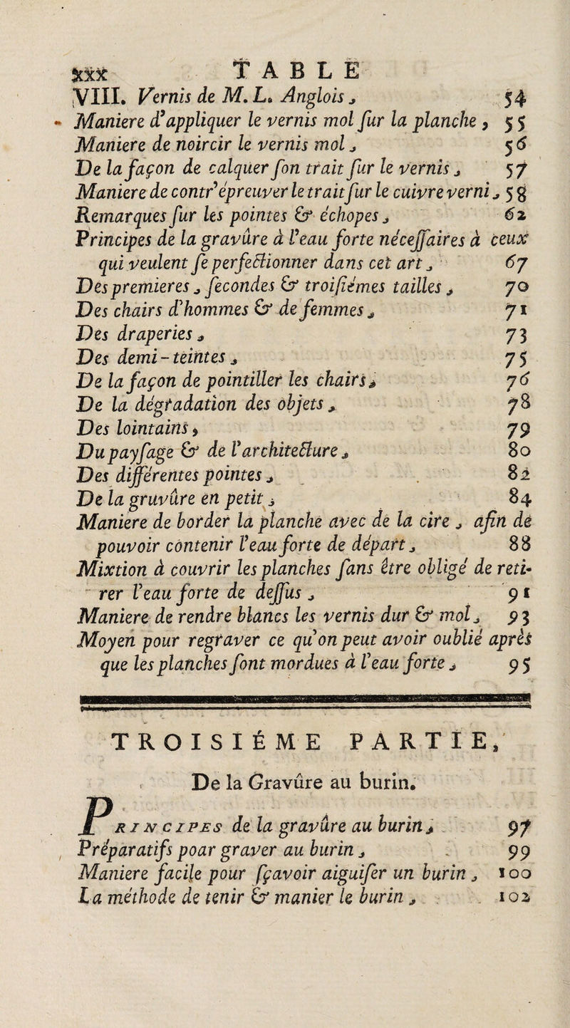 XxX TABLE VIII. Vernis de M. L» Anglais j 54 Maniéré d’appliquer le vernis mol fur la planche , 55 Maniéré de noircir le vernis mol j s * De la façon de calquer fon trait fur le vernis j 57 Maniéré de contr* épreuver le trait fur le cuivre verni, 5 g Remarques fur les pointés échopes j 62 Principes de la gravure à Veau forte nécejfaires à ceux qui veulent fe perfectionner dans cet art 6j Des premières ^ fécondés & troifïémes tailles > 70 Des chairs d'hommes & de femmes * 71 Des draperies * 73 Des demi-teintes * 75 De la façon de pointiller les chairs à 7 6 De la dégradation des objets + 78 Des lointains 9 79 Dupayfage de Varchiteffure, 80 Des différentes pointes * 8 2 De là gravure en petit j 84 Maniéré de border la planche avec de la cire j afin dé pouvoir contenir Veau forte de départ a 88 Mixtion à couvrir les planches fans être obligé de reti- ' ver Veau forte de deffus ^ 91 Maniéré de rendre blancs les vernis dur & mol j 9 3 Moyen pour regraver ce qu on peut avoir oublié après que les planches font mordues à Veau forte * 95 m TROISIÈME PARTIE, p De la Gravure au burin. ri n c ipes de la gravure au burin * Préparatifs poar graver au burin Maniéré facile pour fçavoir aiguifer un burin L a méthode de tenir manier le burin , 97 99 100 102