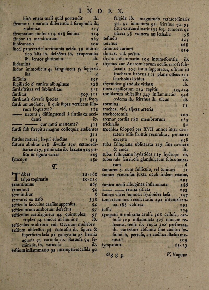 bito enata mali quid portendit ib. ftrumae 2 r 2 earum differentia a fcrophulis ib; endemi* 2 r f (brumarum moles 214.118 Jcmina 214 ftupor 13 membrorum fubfcanatio fucci pancreatici acrimonia acida f 9 frigida ib. magnitudo extraordinaria 5?[. 92 imminuta 92 fcirrhus 92.93 iitus extraordinarius 95- fcq. tumores 92 ulcera 98 vulnera an lcthalia 269 teftudo 200 tetanus muria- tinnitus aurium tico falfa ib. defe&us ib. exuperantia thorax* vid. peffus. ib. lentor glutinofus ib. thymi inflammatio 209 intumefcefttia ib. 9$ 221 26 8 J14 iudamina ? fudor immodicus 4, fanguincus f} fuppref-- fus 4 fuffufio 29I fugillatio 6 tunicat albugineae 2 88 furdaftritas vel fubfurditas 3 »r furdita* 3 07. Jit fur ditatis diverfa: fpecies jii.feqq* furdi an audiant, fi quis fupfa verticem illo¬ rum loquatur? Ili «—■— natura f diffinguertdi a furdis ex acci-' denti ih. cur muti maneant ? 31 3 thymus cur Anatomicorum oculis raro fefub- jiciat? 209 intus fuppuratus, oftium iri tracheam haberis 211 plane offeus 211 fcirrhofus lividus ib. thyroideae glandulae vitiatae ib. tinea capillorum 22 x capitis 10*2:24 tonfilarum abfceffus 447 inflammatio 346 - ib* furdi fub ftrepitu magno colloquia audientes 11 i furdus natura, loqui edodtuS 1 313 futurae abolitae 228 divulfae 230 extraordi¬ nariae 227, geminatae ib* laxatas 2 29 po fitu & figura varias fyncope r. TAbef ^ 12. talpa topinarui lo< tararttismus tenesmus terminthus termites ex nalo tefticulo facculus craffus appenfuf tefticulorum amborum defe&us tefticulus cartilagineus 94 quintuplex triplex 94 unicus irt homine tefticulus muliebris vid. Ovarium muliebre teftium abfceffus 98 Corttufio ib, figura & fup erficies laefa 91 gangraena 98 hernia aquofa 9 3 carnofa ib. flatuofa 94 fe¬ minalis, ib, varicofa ib. fympanitis teftium inflammatio 9» intemptries Calida 90 Gg g | n 200 269 80 oedema ib* fcirrhus ib. ulcus tormina trachea, vid, afpera arteria tfacheotomia fremor cordis 180 membrorum trichiafis trochlea felopeti per XVI1 annos intra cavi¬ tatem offis frontis recondita, per nares excreta 338 tuba fallopiana obliterata 117 fine cavitate & cceca ib. 2i% tubae fallopianaehydatides 117 hydrops ib. 2 80 tubercula fcirrhofa glandularum fubcutanea- tum ^ 6 tumores ?. cum folliculo, vel tunicati 11 168 tumor cancrofus juxta oculi iridem enatus, 211 , 29? 264 tunica oculi albuginea inflammata 288 $4 -retina vitiata 29% 8 tunica vitrei humoris hyaloides laefa 297 318 tunicarum oculi exulceratio 291 intuiJ?efcen- 94 tia *88 vulnera 291 97 tuffis 194 91 tympani membrana avulfa 308 callofa, car- ib, nofa 309 inflammata 307 nimium re- - laxata, tenfa ib* rupta 308 perforata, ib. putredine abfumta fine auditus Ise- fione ib, pertufa, an auditus illxfus ma¬ neat? 309 13.19 K Vaginae