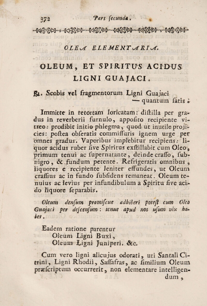 OLE^T ELEMEMTssfRI\yf. OLEUM, ET SPIRITUS ACIDUS LIGNI GUAJACI. gt. Scobis vel fragmentorum Ligni Guajaci — quantum fatis i Immitte in retortam loricatam: diftilla per gra¬ dus in reverberii furnulo, appofito recipiente vi¬ treo; prodibit initio phlegma, quod ut inutile proji¬ cies: poftea obferatis commiffuris ignem urge per omnes gradus. Vaporibus implebitur recipiens; li¬ quor acidus ruber live Spiritus exftillabit cum OJeo8 primum tenui ac fupernatante, deinde craffo, fub- nigro, & fundum petente. Refrigeratis omnibus, liquores e recipiente leniter effundes, ut Oleum craflius ac in fundo fubfidens remaneat. Oleum te¬ nuius ac levius per infundibulum a Spiritu live aci¬ do liquore feparabis. Oleum denfum promifcue adhiberi potejl cum Oleo Guajaci per dejcenfum : tenue apud nos ufum vix ha- het» Eadem ratione parentur Oieum Ligni Buxi, Oleum Ligni Juniperi. Cum vero ligni alicujus odorati, uti SanfaliCi- trini. Ligni Rhodii, SalFafras, ac dmilium Oleum prseicriptum occurrerit, non elementare intelligen- dum ,