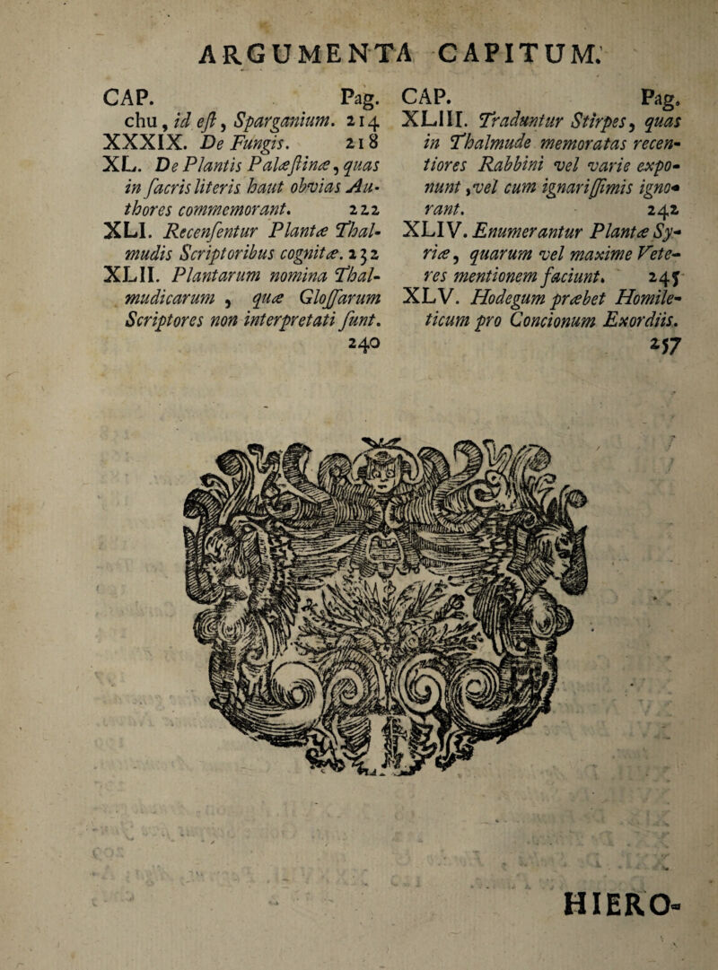 CAP. Pag. chu, id e fi, Spargmium. 214 XXXIX. De Fungis. 218 XL. De Plantis Palaftina, quas in [acris lit er is haut obvias Au- thores commemorant. 222 XLI. Recenfientur Planta Ficul¬ ni udis Scriptoribus cognita. 232 XLII. Plantarum nomina Thal- mudicarum , Glojfarum Scriptores non interpretati funt. ‘240 CAP. Pag» XLIII. Traduntur Stirpes, /0 Thalmude memoratas recen¬ tiores Rabbini vel varie expo¬ nunt >vel cum ignari [fimis igne* rant. 242 XLI V. Enumerantur Planta Sy¬ ria , quarum vel maxime Vete¬ res mentionem faciunt. 245 XLV. Hodegum prabet Homile- ticum pro Concionum Exordiis. *57 HIERO-