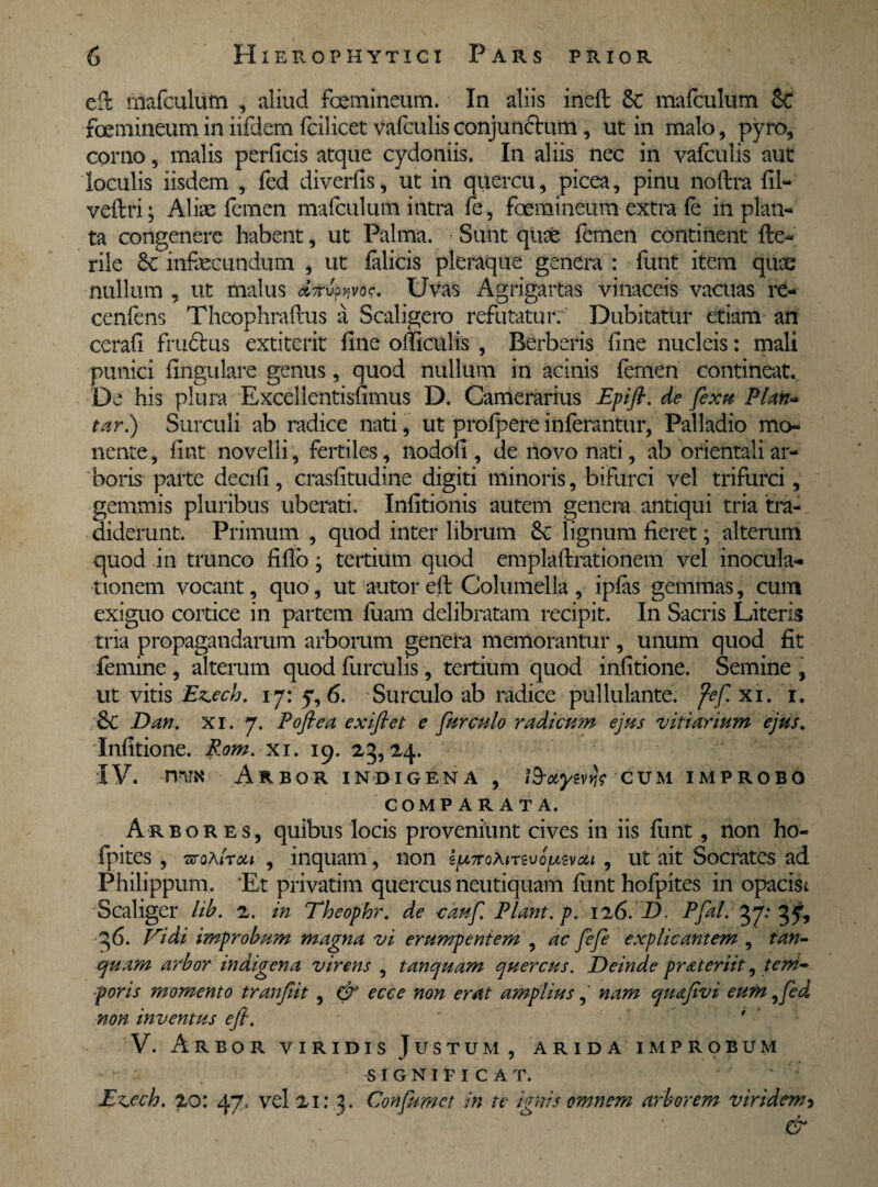 e id mafculum , aliud foemineum. In aliis ineft & mafculum 8c foemineum in iifdem fcilicet vafculis conjundtum, ut in malo, pyro, corno, malis perficis atque cydoniis. In aliis nec in vafculis aut loculis iisdem , fed diverfis, ut in quercu, picea, pinu noftra fil- veftri; Aliae femen mafculum intra fe, foemineum extra le in plan¬ ta congenere habent, ut Palma. Sunt quae femen continent He¬ rile &C infecundum , ut filicis pleraque genera : funt item quae nullum , ut malus Uvas Agrigartas vinaceis vacuas re- cenfens Theophraftus a Scaligero refutatur. Dubitatur etiam an cerafi fru&us extiterit fine ofiiculis , Berberis fine nucleis: mali punici fingulare genus, quod nullum in acinis femen contineat. De his plura Excellentisfimus D. Camerarius Epifl. de fexu Plan~ tar.) Surculi ab radice nati, ut profpere inferantur, Palladio mo¬ nente , fint novelli, fertiles, nodofi , de novo nati, ab orientali ar¬ boris parte decifi, crasfitudine digiti minoris, bifurci vel trifurci, gemmis pluribus uberati. Infitionis autem genera antiqui tria tra¬ diderunt. Primum , quod inter librum 6c lignum fieret; alterum quod in trunco fiflo; tertium quod emplaftrationem vel inocula¬ tionem vocant, quo, ut 'autor eft Columella , ipfis gemmas, cum exiguo cortice in partem luam delibratam recipit. In Sacris Literis tria propagandarum arborum genera memorantur, unum quod fit femine , alterum quod furculis, tertium quod infitione. Semine , ut vitis Ez.ech. ij: y, 6. Surculo ab radice pullulante, fef. xi. i. Sc Dan. xi. 7. Pofiea exiflet e fur culo radicum ejus vitiarium ejus. Infitione. Rom. xi. 19. 23,24. IV. mTN Arbor indigena , i&uyevje cum improbo COMP A RATA. Arbores, quibus locis proveniunt cives in iis fiant, non ho- fpites , sroA'irou , inquam, non sproAiTsvopsvsa , ut ait Socrates ad Philippum. 'Et privatim quercus neutiquam fiint hofpites in opacist Scaliger lib. 2. in Theophr. de cauf Piant, p. 126. D. Pfal. 37: 35% 36. Vidi improbum magna vi erumpentem , ac fefe explicantem , tan- quam arbor indigena virens , tanquam quercus. Deinde prateriit, teni- poris momento tranfiit , & ecce non erat amplius, nam qudfivi eum,fed non inventus efi. ' 9 ‘ V. Arbor viridis Justum, arida improbum SIGNltlCAT. v Ezech. 20: 47. vel 21: 3. Confumet in te ignis omnem arborem viridem3 &