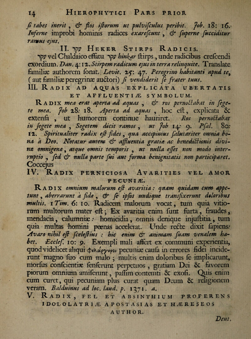 fi tabes inerit , & flos ifiorum ut pulvifiulus peribit, fob. 18: 16. Inferne improbi hominis radices exarefiunt, & fuperne fucciditur ramus ejus. II. yy Heker Stirps Radicis. yy vel Chaldaico effatu yy hinkar ftirps, unde radicibus crefcendi exordium. Dan. 4:12. Stirpem radicum ejus in terra relinquite. Translate familias authorem fonat. Levit, 25: 47. Peregrino habitanti apud te^ ( aut familias peregrinae audtori) fi vendiderit fi frater tuus. III. Radix ad aquas explicata ubertatis ET AFFLUENTI SYMBOLUM. R ADIX mea erat aperta ad aquas , & ros pernotabat in fige- te mea. fob 28: 18. Aperta ad aquas , hoc efl , explicata &C extenfa , ut humorem continue hauriret. Ros pernotabat in Jegete mea , Segetem dicit ramos , ut fob 14; 9. Pfiil. 80; 12. Spiritualiter radix efl fides , qua accipimus fiiLutariter omnia bo¬ na a Deo. Notatur autem & affluentia gratia ac bene ditionis divi¬ tia omnigena, atque omnis temporis , ut nulla effit non modo inter- ruptio , fid & nulla parte fui aut forma benignitatis non participaret. Coccejus IV. Radix perniciosa Avarities vel amor p ecuni je. R A DIX omnium malorum efl avaritia: quam quidam cum appe¬ tunt , aberrarunt a fide , & fi ipfbs undique transfixerunt doloribus multis. 1 Tim. 6: 10. Radicem malorum vocat, tum quia vitio¬ rum multorum mater efl; Ex avaritia enim funt furta, fmudes, mendacia, calumnias .• homicidia , omnis denique injuftitia , tum quia multas homini pcenas accelerat. Unde redte dixit lapiens.* Avaro nihil efl fieleflius : hic enim & animam fuam venalem ha¬ bet. Ecclef. 10: 9. Exempli mali affert ex communi experientia, quod videlicet aliqui 4^pecunias caufa in errores fidei incide¬ runt magno firo cum malo • multis enim doloribus fe implicarunt, morfus confidentias fenferunt perpetuos , gratiam Dei favorem piorum omnium amiferunt, pailim contemti & exofi. Quis enim eum curet, qui pecuniam plus curat quam Deum 6c religionem veram. Balduinus ad loc. laud. p. 1371. a. V. R AD IX, FEL ET ABSINTHIUM PROFERENS IDOLOLATRI/fi APOSTASIAS ET H/ERESEOS A UTHOR. De ut.