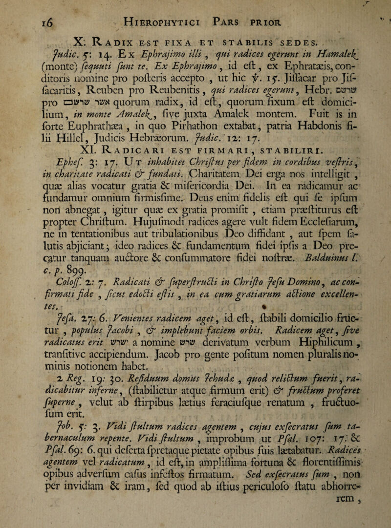 X. Radix est fixa et stabilis sedes. ^udic. 7: 14. Ex Ephrajimo illi , qui radices egerunt in Hamaleh^ (monte) fequuti funt te. Ex Ephrajimo , id eit, ex Ephrataeis, con¬ ditoris nomine pro pofteris accepto , ut hic f. 17. Jiflacar pro Jifi facaritis, Reuben pro Reubenitis, qui radices egerunt, Hebr. oeni? pro o tan» mx quorum radix, id eft, quorum fixum eft domici¬ lium, in monte Amalefi ve juxta Amalck montem. Fuit is in forte Euphrathaea , in quo Pirhathon extabat, patria Habdonis fi¬ lii Hillel, Judicis Hebraeorum, fudic/12: 17. XI. Radicari est firmari, stabiliri. Ephef. 17. Ut inhabitet Chriftus per fidem in cordibus vefiris, in charitate radicati & fundati. Charitatem Dei erga nos intelligit , quae alias vocatur gratia & mifericordia Dei. I11 ea radicamur ac fundamur omnium firmisfime. Deus enim fidelis eft qui fe ipfum nori abnegat, igitur quae ex gratia promifit , etiam praeftiturus eft propter Chriftum. Hujufinodi radices agere vult fidem Ecclefiarum, ne in tentationibus aut tribulationibus Deo diffidant , aut fpem fa- lutis abjiciant; ideo radices & fundamentum fidei ipfis a Deo pre¬ catur tanquam auctore confummatore fidei noftrae. Balduinus /. c. p. 899. Colojf. 2: 7. Radicati & fuperfirudi in Chrlfio fefu Domino, ac con¬ firmati fide , ficut e do di eftis , in ea cum gratiarum adione excellen¬ tes. % fefa, 27: 6. Venientes radicem aget, id eft, ftabili domicilio frue- tur , populus ^ac obi , & implebunt faciem orbis. Radicem aget, fi ve radicatus erit vrw' a nomine derivatum verbum Hiphilicum , tranfitivc accipiendum. Jacob pro gente pofitum nomen pluralis no¬ minis notionem habet. 2 Reg. 19: 30. Refiduum domus ?ehuda , quod relidum fuerit, ra¬ dicabitur inferne, (ftabilietur atque firmum erit) & frudum proferet fuperne , velut ab ftirpibus laetius feraciufque renatum , frudtuo- fum erit. fob. 7; 3. Vidi fiultum radices agentem , cujus exfecratus fum ta¬ bernaculum repente. Vidi fiultum , improbum ut Pfal. 107: 17.* & Pfal. 69: 6. qui deferta fpretaque pietate opibus fuis laetabatur. Radices agentem vel radicatum, id eft, in ampliffima fortuna &: florentifiimis opibus adverfum caftis infeftos firmatum. Sed exfecratus fum , non per invidiam & iram, fed quod ab iftius periculofo ftatu abhorre¬ rem •