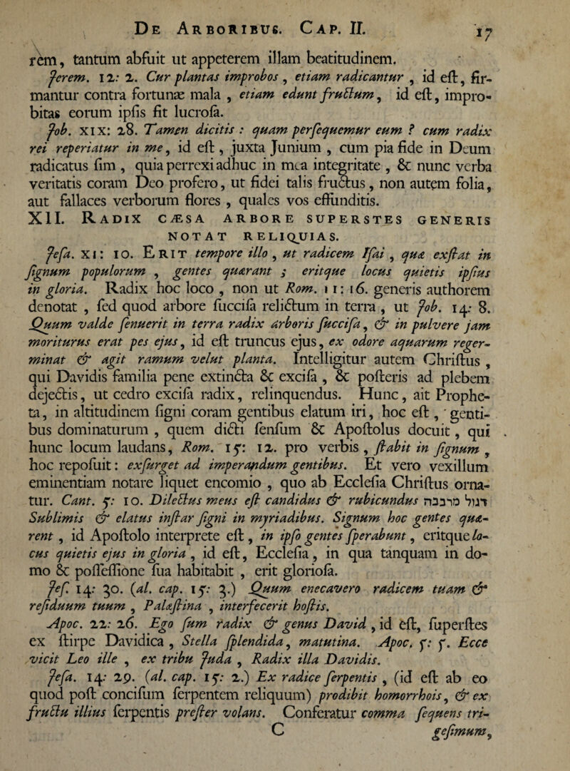*7 rem, tantum abfuit ut appeterem illam bcatitudinem. fer em. 12: 2. Cur plantas improbos , etiam radicantur , id eft, fir¬ mantur contra fortunae mala , etiam edunt frufium, id eft, impro¬ bitas eorum ipfis fit lucrola. fob. XIX: 28. Tamen dicitis : quam perfequemur eum ? cum radix rei reperiatur in me, id eft, juxta Junium , cum pia fide in Deum radicatus fim , quia perrexi adhuc in mea integritate , & nunc verba veritatis coram Deo profero, ut fidei talis frudtus, non autem folia, aut fallaces verborum flores , quales vos efliinditis. XII. Radix c^esa arbore superstes generis NOTAT RELIQUIAS. fefa. XI: IO. Erit tempore illo , ut radicem Ifai , qua exfiat in Jignum populorum , gentes quarant ; eritque locus quietis ipfius in gloria. Radix hoc loco , non ut Rom. 11: 16. generis authorem denotat , fed quod arbore fuccila reli&um in terra , ut fob. 14; 8. Quum valde fenuerit in terra radix arboris fuccifa, & in pulvere jam moriturus erat pes ejus, id eft truncus ejus, ex odore aquarum reger¬ minat & agit ramum velut planta. Intelligitur autem Chriftus , qui Davidis familia pene extindla Sc excifa , 6c polleris ad plebem dejedlis, ut cedro excila radix, relinquendus. Hunc, ait Prophe¬ ta , in altitudinem figni coram gentibus elatum iri, hoc eft, * genti¬ bus dominaturum , quem didli lenfum 6c Apoftolus docuit, qui hunc locum laudans, Rom. 15: 12. pro verbis , flabit in Jignum , hoc repofuit: exjurget ad imperandum gentibus. Et vero vexillum eminentiam notare liquet encomio , quo ab Ecclefia Chriftus orna¬ tur. Cant. 5: I o. Dilefius meus efl candidus & rubicundus Sin Sublimis & elatus inflar figni in myriadibus. Signum hoc gentes qua- rent, id Apoftolo interprete eft , in ipfo gentes fperabunt, eritque la¬ cus quietis ejus in gloria , id eft, Ecclefia, in qua tanquam in do¬ mo & pofleflione lua habitabit , erit gloriola. fef. 14; 30. (al. cap. iy: 5.) Quum enecavero radicem tuam & refiduum tuum , PaUfiina , interfecerit hoflis. Apoc. 22: 26. Ego fum radix & genus David , id eft, fuperftes ex ftirpe Davidica , Stella fplendida, matutina. Apoc. y: f. Ecce vicit Leo ille , ex tribu fu da , Radix illa Davidis. fefa. 14: 29. (al. cap. 1 y: 2.) Ex radice ferpentis , (id eft ab eo quod poft concilum ferpentem reliquum) prodibit homorrhois, & ex frufiu illius ferpentis prefier volans. Conferatur comma fequens tri- C gefimum9
