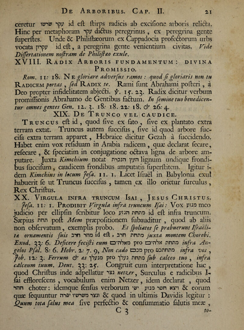 ceretur nw yv id eft ftirps radicis ab excifione arboris relicta. Hinc per metaphoram “ipr dictus peregrinus , ex peregrina gente fuperftes. Unde & Philiftaeorum ex Cappadocia profedtorum urbs vocata jnpjr id eft, a peregrina gente venientium civitas. Vide Differtationem nofiram de Philiflao exule. XVIII. Radix Arboris fundamentum: divina Promissio. Rom. 11: 18*. Ne gloriare adverfus ramos : cjuod fi gloriaris non tu Radicem fertas , fed Radix te. Rami fiant Abrahami pofteri , a Deo propter infidelitatem abjecti, f. 1 7. 25. Radix dicitur verbum promifhonis Abrahamo de Gentibus fadtum. In femine tuo benedicen¬ tur omnes gentes Gen. 11. 7). 18: 18. 22: 18. & 26:4* XIX. De Trunco vel caudice. Truncus eft id, quod five ex fato , five ex plantato extra terram extat. Truncus autem fucciflis , five id quod arbore fuc- cifa extra terram apparet, Hebraice dicitur Gezah a fuccidendo. Habet enim vox refiduam in Arabia radicem , quae declarat fecare, refecare , St fpeciatim in conjugatione odtava ligna de arbore am¬ putare. Juxta Kimchium notat mmn yyn lignum undique frondi¬ bus fuccifum, caudicem frondibus amputatis fuperftitem. Igitur i- dem Kimchius in lecum fefa. 11. 1. Licet Ifrael in Babylonia exui habuerit fe ut Truncus fuccifus 3 tamen ex illo orietur furculus, Rex Chriftus. XX. Virgula infra truncum Isai , Jesus Christus. fefa. 11: 1. Prodibit Virgula infra truncum Ifai: Vox yu» meo judicio per ellipfin fcribitur loco ynn nnr\D id eft infra truncum. Saepius nnn poft Mem praepofitionem fubauditur , quod ab aliis non obfervatum, exemplis probo. Et foliatos fe prabuerunt Ifraeli- ta ornamentis fuis iriD id eft , nnnD juxta montem Chorebi. Exod. 33: 6. Deficere fecifii eum tDTiSxra pro crnbx nnnD infra An¬ gelos Pfal. 8: 6. Hebr. 2: 7. 9, Non cado ED3D pro oennnra infra vos , fob. 12: 5. Ferrum & as “jbjno pro nnnn fub calceo tuo , infra calceum tuum. Deut. 33: 27. Congruit cum interpretatione hac , quod Chriftus inde adpellatur netz.er 9 Surculus e radicibus I- fai eftlorefcens , vocabulum enim Netzer, idem declarat , quod *inn choter: idemque fenfus verborum w jnjd ion xn Se eorum quae fequuntur ma' venera nw St quod in ultimis Davidis legitur : Quum tota falus mea five perfectio St confiimmatio falutis meae , C 5 to*