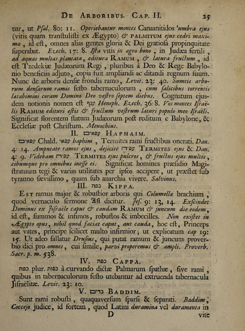 tur, ut Pfal. 80: n. Operiebantur montes Canaanitidos } umbra ejus (vitis quam tranftulifti ex iEgypto) & palmitum ejus cedri maxi¬ ma , id eft, omnes alias gentes gloria Sc Dei gratiofa propinquitate fuperabat. Ez.ech. i 7: 8. Jfta vitis in agro bono , in Judaea fertili 5 ad acjuas multas plantata, editura Ramum , & latura fruclum id eft Tzedekise Judaeorum Regi , pluribus a Deo &: Rege Babylo¬ nio beneficiis adjuto, copia fuit ampliandi ac ditandi regnum fiium. Nunc de arboris denfae frondis ramo, Levit. 23: 40. Sumtis arbo¬ rum denfarum ramis fefto tabernaculorum , cum falicibus torrentis latabimini coram Domino Deo vefiro feptem diebus. Cognatum ejus- dem notionis nomen eft Efeneph. E^ech. 36:8. Eos montes Ifrae- lis Ramum edituri eflis & frubium vefirum laturi populo meo Ifraeli. Significat florentem ftatum Judaeorum poft reditum e Babylone, Sv Ecclefiae poft Chriftum. Menochius. II. Haphaim. crxsy Chald. 'xzv haphim , Termites rami frudtibus onerati. Dan. 4: 14. Amputate ramos ejus , dejicite rray Termites ejus Dan. 4; q. Videbam rrap Termites ejus pulcros, & frutius ejus multos, .cibumque pro omnibus inejfe ei: Significat homines praefldio Magi- ftratuum tegi varias utilitates per ipfos accipere, ut praeftet fub tyranno faeviffimo quam fub anarchia vivere. Salvinus. III. USD Kippa. Est ramus major 6c robuftior arboris qui Columella brachium , quod vernaculo fermone fi dicitur, fef 9: 15, 14. Exfcindet Dominus ex fijraele caput & caudam Ramum & juncum die eodem, id eft, fiimmos & infimos, robuftos &: imbecilles. Non exiftet in ^Egjpto opus, nihil quod faciat caput, aut cauda, hoc eft, Princeps aut vates, principe fcilicet multo infirmior, ut explicatum cap 19; 15. Ut adeo fallatur Drufius, qui putat ramum juncum prover¬ bio dici pro omnes, cui fimile, parvi properemus & ampli. Proverb. Sacr. p. m. IV. n*D Cappa. n3D plur. roto a curvando dicite Palmarum fpathae , five rami , quibus in tabernaculorum fefto utebantur ad extruenda tabernacula Jiffaelitae. Levit. 23: 10. V. BaDDIM. Sunt rami robufti, quaquaverfum fparfi & feparati. JBaddim ’ Coccejo judice, id foitean , quod Latini duramina vel duramenta in D vite