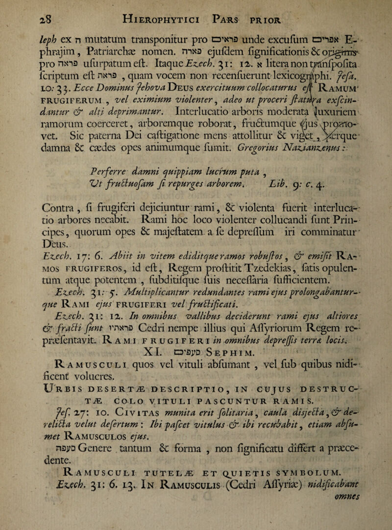 leph ex n mutatum transponitur pro unde excufum E- phrajim, Patriarchae nomen, msa ejufdem fignificationis opgmis< pronaa ufurpatumeffc. ItaqueEzech. 51: 12. n litera non t/anfpofita fcriptum effc , quam vocem non recenfuerunt lexicogmphi. fefa. LO: 3 5. Ecce Dominus ‘fehova Deus exercituum collocuturus ejr Ramum' frugiferum , vel eximium violenter, adeo ut proceri fiatupa exfcin- dantur & alti deprimantur. Interlucatio arboris moderata luxuriem ramorum coerceret, arboremque roborat, frudtumque </jus\promo¬ vet. Sic paterna Dei caffcigatione mens attollitur 8c viget, ^erque • damna 6c caedes opes animumque fumit. Gregorius Naz.ianz.enus:. Perferre damni quippiam lucrum puta , Ut frulluofam fi repurges arborem. Lib. 9; c. 4. Contra, fi frugiferi dejiciuntur rami, violenta fuerit interluca— tio arbores necabit. Rami hoc loco violenter collucandi funt Prin¬ cipes , quorum opes & majeffcatem. a fe deprefium iri comminatur * Deus. Ez.ech. 17: 6. Abiit in vitem e didit que ramos robujlos , & emifit Ra¬ mos frugiferos, id eft, Regem proffcitit Tzedekias, fatis opulen¬ tum atque potentem , fubditifque filis neceflaria fufficientem. Ezjech. 31; y. Multiplicantur redundantes rami ejus prolongabantur-- que Rami ejus frugiferi vel frullificati. Ezech. 31: 12. In omnibus vallibus deciderunt rami ejus altiores & fralli funt rnxia. Cedri nempe illius qui Aflyriorum Regem re— praefentayit. Rami frugiferi/» omnibus depreffis terra locis X I. CD'syD Sephim. R a musculi quos vel vituli abfumant , vel fub quibus nidi¬ ficent volucres. Urbis deserta: descriptio, in cujus destruc¬ ta: COLO VITULI PASCUNTUR RAMIS. fef. 27: 10. Civitas munita erit folitaria, caula disj e II a de-- reliUa velut de fertum: Ibi pafcet vitulus & ibi recubabit, etiam ab fu- met Ramusculos ejus. nspD Genere tantum Sc forma , non fignificatu difiert a praece¬ dente. Ramusculi tutela: et qjj i e t i s symbolum. Ezjech. 31:6. L3. In Ramusculis (Cedri Aflyriae) nidificabam omnes