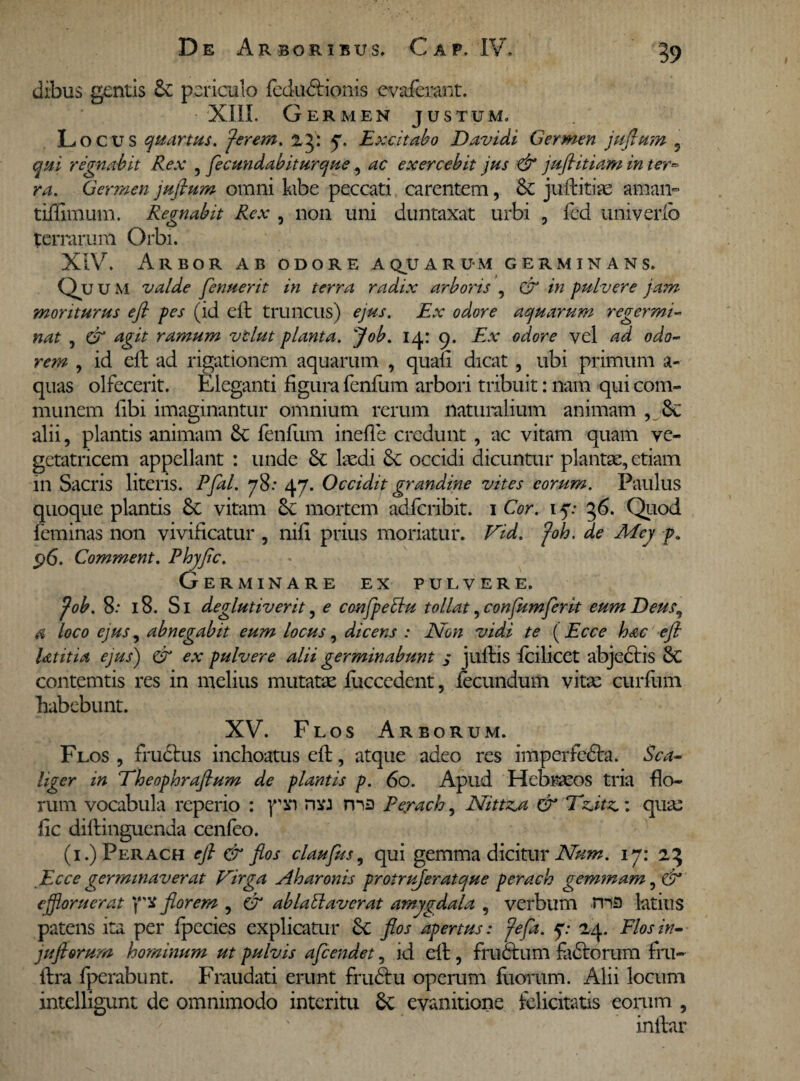 dibus gentis 6e periculo fedubtionis evaferant. ‘XIII. Germen justum. Locus quartus. Jerem. zg: y. Excitabo D avidi Germen juftum 9 qui regnabit Rex , fflecundabiturque, exercebit jus & juftitiam in ter® ra. Germen juftum omni kbe peccati carentem, & juftitiae aman- tiffimum. Regnabit Rex , non uni duntaxat urbi , fed univerfb terrarum Orbi. XIV. Arbor ab odore apuarum germinans. Qu u M valde fenuerit in terra radix arboris , & in pulvere jam- moriturus eft pes (id eft truncus) ejus. Ex odore aquarum regermi¬ nat , & agit ramum vtlut planta. Job. 14: 9. Ex odore vel ad odo¬ rem , id eft ad rigationem aquarum , quali dicat, ubi primum a- quas olfecerit. Eleganti figura fenfum arbori tribuit: nam qui com¬ munem libi imaginantur omnium rerum naturalium animam , 6c alii, plantis animam Sc fenfum inefie credunt , ac vitam quam ve- getatricem appellant : unde & lcedi occidi dicuntur plantae, etiam in Sacris literis. Pfal. 78: 47. Occidit grandine vites eorum. Paulus quoque plantis £c vitam mortem adfcribit. 1 Cor. 157 36. Quod feminas non vivificatur , nili prius moriatur. Vid. foh. de Mey pa 96. Comment. Phyftc. Germinare ex pulvere. Job. 8: 18. Si deglutiverit, e confflpefltu tollat, confumferit eum Deus, & loco ejus, abnegabit eum locus, dicens : Non vidi te (Ecce hac -eft Utitia ejus) & ex pulvere alii germinabunt s juftis fcilicet abjectis 8c contemtis res in melius mutatae fuccedent, fecundum vitae curium habebunt. XV. Flos Arborum. Flos , fructus inchoatus eft, atque adeo res imperfedta. S ca¬ liger in Theophraftum de plantis p. 60. Apud Hebraeos tria flo¬ rum vocabula reperio : nw ma Pejrach, Nittzji & ‘Tz.itz.: quae fic diftinguenda cenfeo. (i.)Perach eft & flos claufus, qui gemma dicitur Nam. 17: 23 Ecce germinaverat Virga Aharonis protruferatque perach gemmam, & effloruerat '{S florem , & ablaElaverat amygdala , verbum ma latius patens ita per fpccies explicatur Sc flos apertus: feffla. q: 24. Flosin- juftorum hominum ut pulvis afflcendet, id eft , frudtum fadtorum fru- ftra fperabunt. Fraudati erunt frudtu operum fuorum. Alii locum intelligunt de omnimodo interitu 6c evanitione felicitatis eorum , x..u, ' inftar
