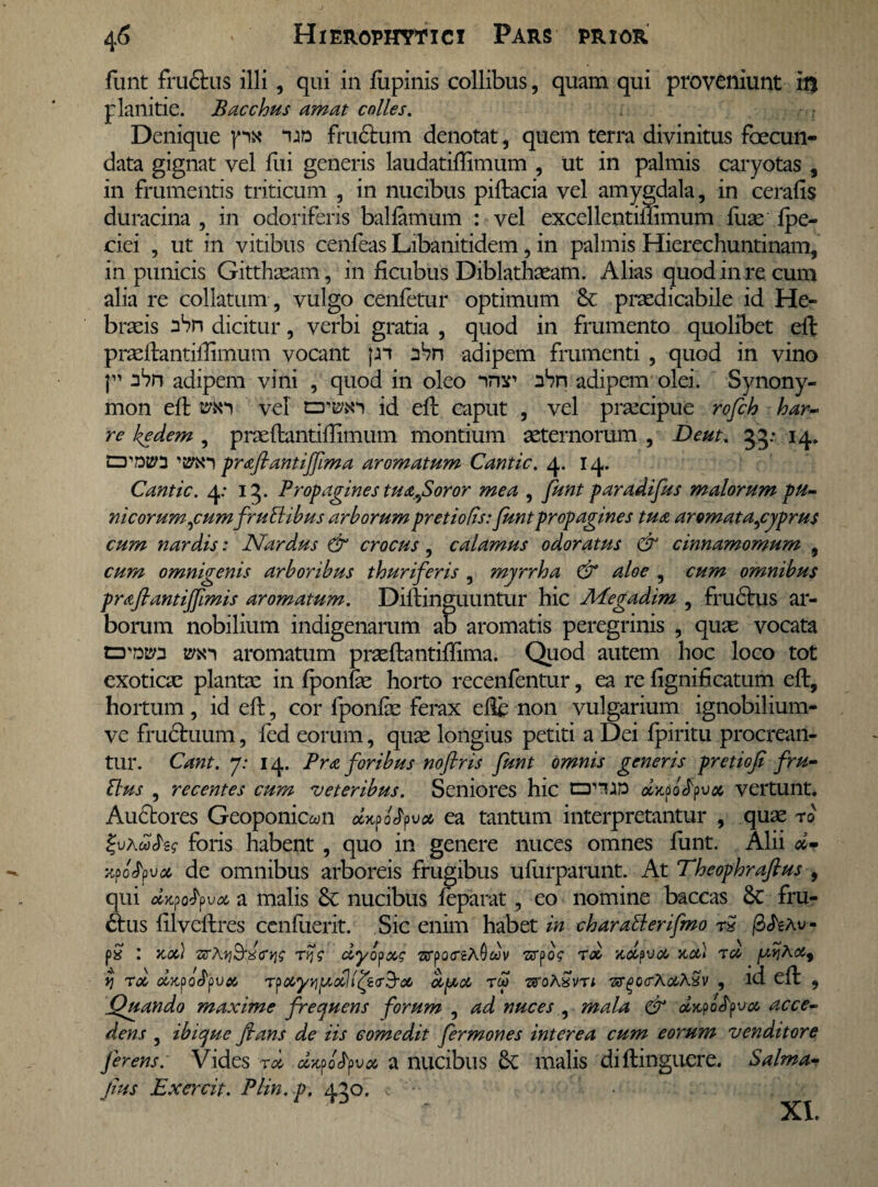 funt fru&us illi , qui in lupinis collibus, quam qui proveniunt in planitie. Bacchus amat colles. Denique px “un frudtum denotat, quem terra divinitus foecun- data gignat vel fui generis laudatiffimum , ut in palmis caryotas , in frumentis triticum , in nucibus pifbacia vel amygdala, in cerafis duracina , in odoriferis balfamum : vel excellentiftimum fuse fpe- ciei , ut in vitibus cenfeas Libanitidem, in palmis Hierechuntinam, in punicis Gitthaeam, in ficubus Diblathaeam. Alias quod in re cum alia re collatum , vulgo cenfetur optimum & praedicabile id He¬ braeis abn dicitur, verbi gratia , quod in frumento quolibet eft praeftantifSmum vocant pi 3bn adipem frumenti , quod in vino f” abn adipem vini , quod in oleo ‘vrr :ibn adipem olei. Synony- mon eft mn vel cnwn id eft caput , vel praecipue rofch har~ re kedem , praeftantiffimum montium aeternorum , Deut. 55: 14. prafiantijfima aromatum Cantic. 4. 14. Cantic. 4: 15. Propagines tua foror mea , funt paradifus malorum pu- nicorum^cumfruEHbus arborum pretio fis: funt propagines tua aromatajcyprus cum nardis: Nardus & crocus, calamus odoratus & cinnamomum , cum omnigenis arboribus thuriferis , myrrha & aloe , cum omnibus praflantiffimis aromatum. Diftinguuntur hic Megadim , fructus ar¬ borum nobilium indigenarum ab aromatis peregrinis , quae vocata crntio aromatum praeftantiftima. Quod autem hoc loco tot exoticae plantae in fponfae horto recenfentur, ea re fignificatum eft, hortum , id eft, cor fponfae ferax efte non vulgarium ignobilium- ve fructuum, fed eorum, quae longius petiti a Dei fpiritu procrean¬ tur. Cant. 7: 14. Pra foribus noflris funt omnis generis pretiofi f 'ru¬ tius , recentes cum veteribus. Seniores hic nmn drooS^va vertunt. Audtores Geoponic^n daffvct ea tantum interpretantur , quae ro ^Koofeg foris habent , quo in genere nuces omnes funt. Alii #- xpotyva de omnibus arboreis frugibus ufurparunt. At Theophraflus , qui dy^ofvoc a malis Sc nucibus feparat , eo nomine baccas 8c fru- £tus filveftres ccnfiierit. Sic enim habet in charatterifmo rS @^eAv- p£ : nocl srAfjSpVjjf ryjg dyopxg 3rpQ<reA0wv srpog rd zdpvoc ncd rd [AtjAoi) yj rd dupo^vcti rpMyy/udhfeeB'# cipot reo zroA^m ■ar^ocrA&ASv , ld eft , /Quando maxime frequens forum , ad nuces , mala & dtyofvct acce¬ dens , ibique fians de iis comedit fermones interea cum eorum venditore ferens. Vides rd dzoofvcc a nucibus malis diftinguere. Salma- /his Excrcit. Plin. p. 450, XI.
