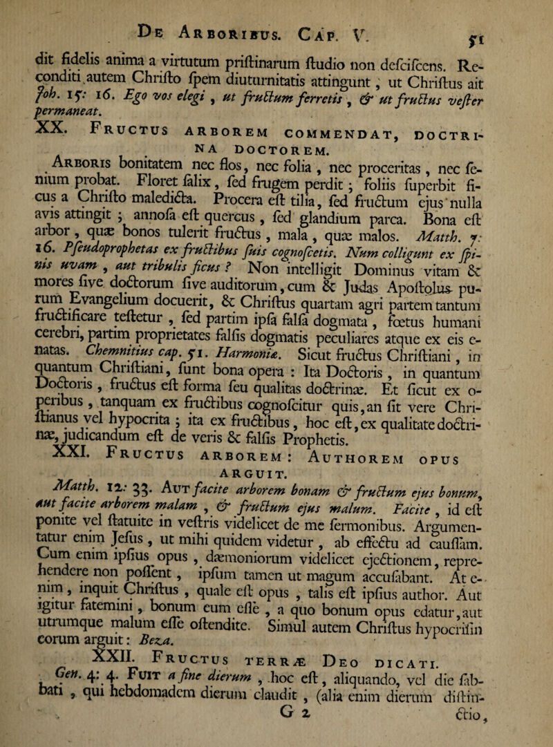dit fidelis anima a virtutum priftinarum ftudio non defcifcens. Re¬ conditi, autem Chrifto fpem diuturnitatis attingunt, ut Chriftus ait f°h. if: 1(5. Ego vos elegi , ut fruttum ferretis , & ut frufius vefier permaneat. XX. Fructus arborem commendat, doctri¬ na DOCTOREM. Arboris bonitatem nec flos, nec folia , nec proceritas , nec fe- mum piobat. Floret filix, fed frugem perdit; foliis fuperbit fi¬ cus a Chrifto maledidta. Procera eft tilia, fed frinStum ejus nulla avis attingit ; annofa eft quercus, fed glandium parca. Bona eft amor, c\ux bonos tulerit frueftus , mala , quas malos. Matth. j: 16. Pfeudoprophetas ex frudibus fuis cognofcetis. Num colligunt ex fpi- nis uvam , aut tribulis ficus f Non intelligit Dominus vitam 6c mores nye dodtorum fi ve auditorum, cum Judas Apoftolns- pu- E»vangelium docuerit, &; Chriftus quartam agri partem tantum fructificare teftetur , fed partim ipfa falfa dogmata , foetus humani ceiebn, partim proprietates fallis dogmatis peculiares atque ex eis e- natas. Chemnitius cap. yi. Harmonia. Sicut fructus Chriftiani, in quantum Chriftiani, funt bona opera : Ita Do&oris, in quantum Doctons , fructus eft forma feu qualitas do£trinae. Et ficut ex o- peribus , tanquam ex fru6tibus cognofcitur quis,an fit vere Chri- ltianus vel hypocrita ; ita ex frudtibus, hoc eft, ex qualitate doctri- nx, judicandum eft de veris 6c falfis Prophetis. Fructus arborem : Authorem opus arguit. JlEattb. iz. ^3* Aut facite arborem bonam & fruElum ejus bonum, aut facite arborem malam , & fruttum ejus malum. Facite , id eft ponite vel ftatuite in veftris videlicet de me fermonibus. Argumen¬ tatur enim Jefiis , ut mihi quidem videtur , ab eftcftu ad caudam. Cum enim lpfius opus , daemoniorum videlicet eje<5tionem, repre¬ hendere non pollent, ipflim tamen ut magum accufabant. At e- mm, inquit Chriftus , quale eft opus , talis eft ipfius author. Aut igitur fatemini, bonum eum efle , a quo bonum opus edatur,aut utmmque malum efle oftendite. Simul autem Chriftus hypocrilln Corum arguit: Bez.a. J r XXII. Fructus terrae Deo dicati. i^en. 4: 4- ^UIT afine dierum , .hoc eft, aliquando, vel die fab- ti , qui hebdomadem dierum claudit , (alia enim dierum diftin- * G 2 ftio.