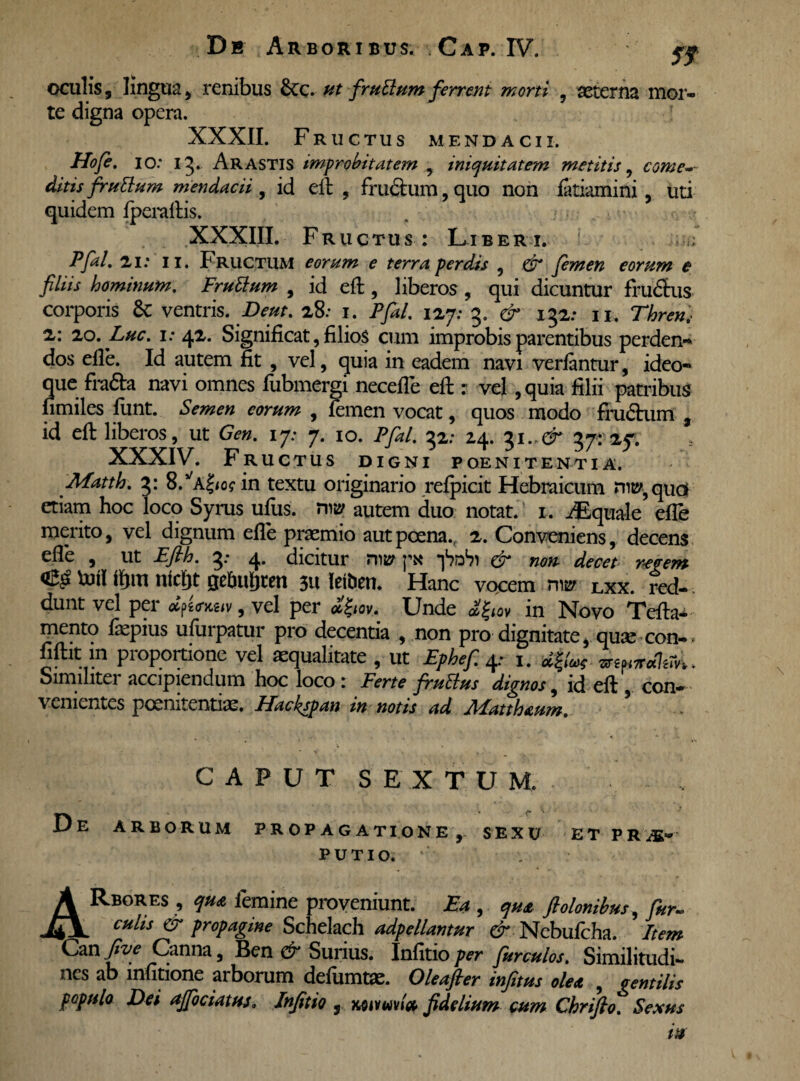 oculis, lingua, renibus 8cc. ut frudum ferrent morti , aeterna mor¬ te digna opera. XXXII. Fructus mendacii. Hofe. io: 13. Arastis improbitatem , iniquitatem metitis , conten¬ ditis fruttum mendacii, id eft , frudum, quo non fatiamini, uti quidem fperaftis. XXXIII. Fru ctus : Liberi. Pfal, 21.* 11. Fructum eorum e terra perdis , & femen eorum e filiis hominum. Fruttum , id eft, liberos, qui dicuntur frudus corporis & ventris. Deut. 28: 1. Pfal. 127: 3. & 132: 11. Thren, 2: 20. Lue. 1: 42. Significat, filios cum improbis parentibus perden¬ dos elle. Id autem fit , vel, quia in eadem navi verfantur, ideo- que frada navi omnes fubmergi necefle eft: vel, quia filii patribus fimiles lunt. Semen eorum , femen vocat, quos modo frudum , id eft liberos, ut Gen. 17: 7. 10. Pfal. 32: 24. 31.,er 37: 25*. XXXIV. F RUCTUS DIGNI POENITENTIA. Afatth. 3: 8/a£<o? in textu originario refpicit Hebraicum rms>, quo etiam hoc loco Syrus ufus. riw autem duo notat. 1. AEquale effe merito, vel dignum elle praemio aut poena., 2. Conveniens, decens efle , ut Efih. 3.- 4. dicitur nw p« & non decet regem Uri! ifiin iricfit QdEmfjtett 3U leiben. Hanc vocem nu7 lxx. red¬ dunt vel per vel per *|;ov, Unde in Novo Tefta- mento fepius ufiirpatur pro decentia , non pro dignitate, quae con-> fiftit in proportione vel aequalitate , ut Ephef 4.* 1. ^yrdliJh, Similiter accipiendum hoc loco : Ferte fruttus dignos, id eft con¬ venientes poenitentiis. Hackspan in notis ad Matthaum, CAPUT SEXTUM. De arborum propagatione, sexu et pras- PUTIO. ARbores , qua femine proveniunt. Ea , qua fiolonibus, fur- culis & propagine Schelach adpellantur & Nebufcha. Item Can five Canna, Ben & Sunus. Infitio per furculos, Similitudi¬ nes ab infitione arborum defumtae. Oleafier infitus olea , gentilis populo Dei affociatuSo Infitio 5 Miwvia fidelium cum Chrifto. Sexus