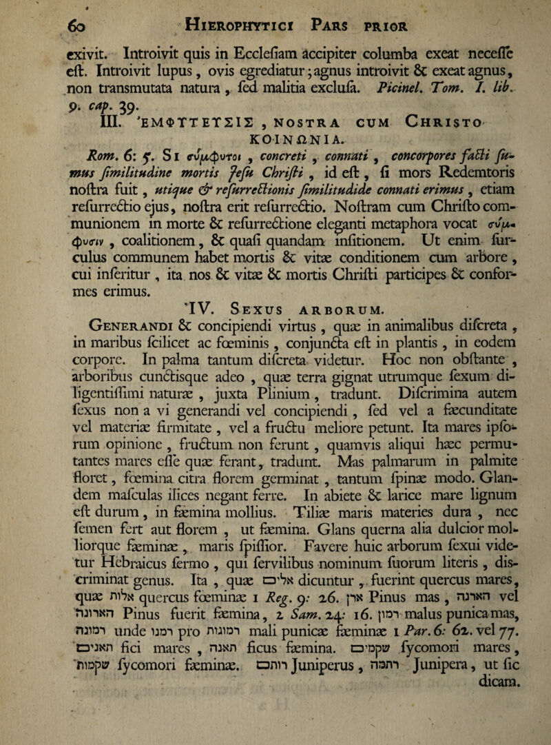 exivit. Introivit quis in Ecclefiam accipiter columba exeat necefle eft. Introivit lupus, ovis egrediatur;agnus introivit 6c exeat agnus, non transmutata natura , fed malitia exclufa. Picine/. Tom. /. lib.. p. cap. 39. III. 'EMSTTET2I2 , NOSTRA CUM CHRISTO K O I N HNI A. Rom. 6: y. Si cvpiQvrot , concreti , connati , concorpores faEH fu- mus fimilitudine mortis fefu Chrifii , id eft , fi mors Redemtoris noftra fuit, utique & refurreElionis Jimilitudide comati erimus , etiam refurrectio ejus, noftra erit refurredtio. Noftram cum Chrifto com¬ munionem in morte 6c refurredtione eleganti metaphora vocat (pvtrtv , coalitionem, 8c quafi quandam infitionem. Ut enim hir¬ culus communem habet mortis vitae conditionem cum arbore , cui inferitur , ita nos & vitae & mortis Chrifti participes 6t confor¬ mes erimus. IV. Sexus arborum. Generandi concipiendi virtus , quae in animalibus difereta , in maribus Icilicet ac foeminis , conjundba eft in plantis , in eodem corpore. In palma tantum difereta videtur. Hoc non obftante , arboribus cunctisque adeo , quae terra gignat utrumque fexum di- ligentiifimi naturae , juxta Plinium, tradunt. Difcrimina autem fexus non a vi generandi vel concipiendi, fed vel a faecunditate vel materiae firmitate , vel a frudtu meliore petunt. Ita mares iplb- rum opinione , fructum non ferunt , quamvis aliqui haec permu¬ tantes mares elle quae ferant, tradunt. Mas palmarum in palmite floret, foemina citra florem germinat , tantum fpinae modo. Glan¬ dem mafculas ilices negant ferre. In abiete 6c larice mare lignum eft durum , in faemina mollius. Tiliae maris materies dura , nec femen fert aut florem , ut femina. Glans querna alia dulcior mol- liorque feminae , maris fpiflior. Favere huic arborum fexui vide¬ tur Hebraicus fermo , qui fervilibus nominum filorum literis , dis¬ criminat genus. Ita , quae tzrSx dicuntur , fuerint quercus mares, quae mbx quercus foeminae 1 Reg. 9: z6. ptf Pinus mas , vel funar? Pinus fuerit femina, 1 Sam. z^: 16. pDvmahis punica mas, naioi unde udi pro nuioi mali punicae feminae 1 Par. 6: 6z. vel 77. CDU^n fici mares , man ficus faemina. 0’Dpw fycomoid mares, niDpt? fycomori feminae. onn Juniperus , nam Junipera, ut fic dicam.