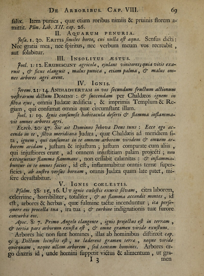 falix. Item punica , quae etiam roribus nimiis Sc pruinis florem a- mittit. Plin. Eib. XII. cap. 26. II. Aquarum penuria. J-efa. 1.30. Eritis flmiles horto, cui nulla efl aqua. Senius di<5H: Nec gratia mea, nec fpiritus, nec verbum meum vos recreabit , aut folabitur. III. Insolitus aestus. foel. i: 12. Erubescunt agricola, ejulant vinitores $ quia vitis exa¬ ruit , & ficus elanguit , malus punica , etiam palma, & malus om¬ nes arbores agri arent. IV. Ignis. fer em. 21: 14. Animadvertam in vos fecundum frullum ditionum vefirarum dillum Domini : & fuccendam per Chaldaeos ignem in filva ejus, omnia Judaeae aedificia , Sc imprimis Templum tk Re¬ giam , qui conlumat omnia quae circumflant illam. foel. 1: 19. Ignis confumflt habitacula deferti & flamma inflamma¬ vit omnes arbores agri. Ezech. 20: 47. Sic ait Dominus fehova Deus tuus : Ecce ego ac¬ cendo in te , filva meridiana Judaea , quae Chaldaeis ad meridiem li¬ ta , ignem, qui confumat in te omnem arborem viridem & omnem ar¬ borem aridam , juftum & injuftum ; juftum comparate cum aliis , qui injuftiores erant , ad omnem injuftitiam palam projedbi • non extinguetur flamma flammans , non cellabit calamitas : & inflamma- buntur in te omnes facies , id efl, inflammabitur omnis terrae fuper- ficies , ab auflro verfus boream , omnis Judaea quam late patet, mi- lere devafiabitur. V. Ignis coelestis. Pfalm. 58: 17, 16. Ut ignis coeleftis exurit filvam, citra laborem, celerrime, horribiliter, totaliter , & ut flamma accendit montes , id efl, arbores & herbas , quae fulmine tadbe incenduntur ; ita perfe- quere eos procella tua , ira tua ; & turbine indignationis tuae furore conturba eos. Apoc. 8; 7. Primo Angelo clangente , ignis projeHus efl in terram , & tertia pars arborum exufla efl ^ & omne gramen viride exuflum. Arbores hic non funt homines , illas ab hominibus diftinxit cap. 9: 4. Dillum locuflis efl , ne Uderent gramen terra , neque viride quicquam , neque ullam arborem , fed tantum homines. Arbores er¬ go dixeris id , unde homini fuppetit vidtus Sc alimentum , ut gra- I 3 men