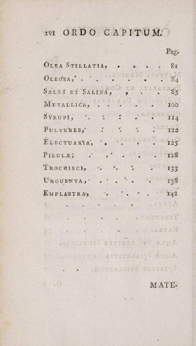 ivi ORDO CAPITUM.’ V ■ { 4 - Olea Stillatia, Oleosa/ . . Sa-le 3 et Salina, Metallica, . - StfRUPl, T 1' Pulveres/ l E L E C TU A R*t a', * » PlLULjE; / 4 4 Trochisci, Unguenta,v . ’ ' ' L Emplastra, n ? -t 't 9 Fagv 8i 84 . S5 100 114 122 125 12S 133 13S 142 f M AT E 7