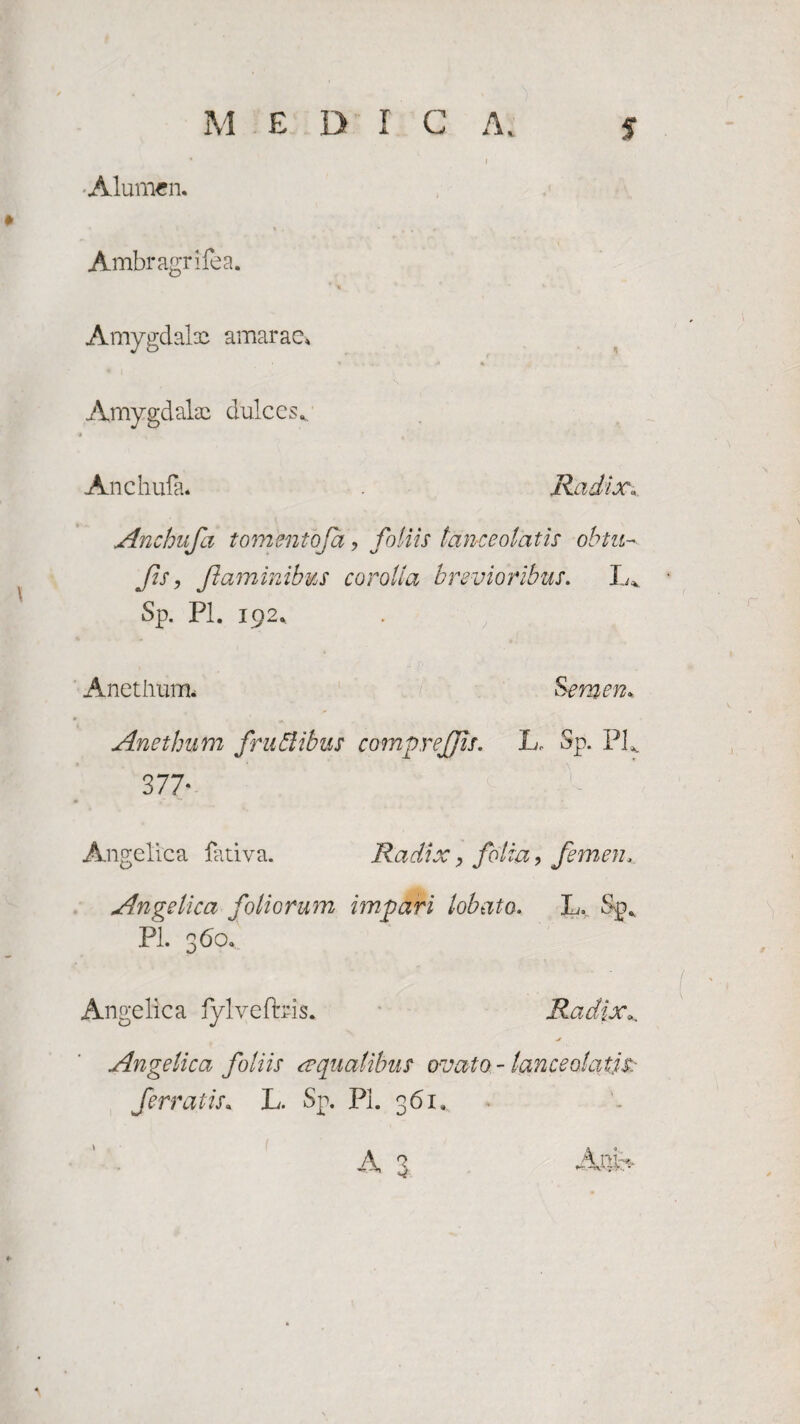 ■Alumen. Ambragrifea. Amygdala amarae. Amygdalas dulces*. * Anchufa. . Radix.. Anchufa tornent bja ? foliis lance olat is ob tu¬ fis, flaminibus corolla brevioribus. L*. Sp. Pl. 192. Anethum* Semen.. Anethum fruflibus comprefjis. L, Sp. PP 377* Angelica fativa. Radix, folia, femen, Angelica foliorum impari lobato. L. Sp* Pl. 360, Angelica fylvefbis. Radix^ Angelica foliis aequalibus ovato - lanceolatis: ferratis. L. Sp. Pi. 361, A 3 Ani:> #•