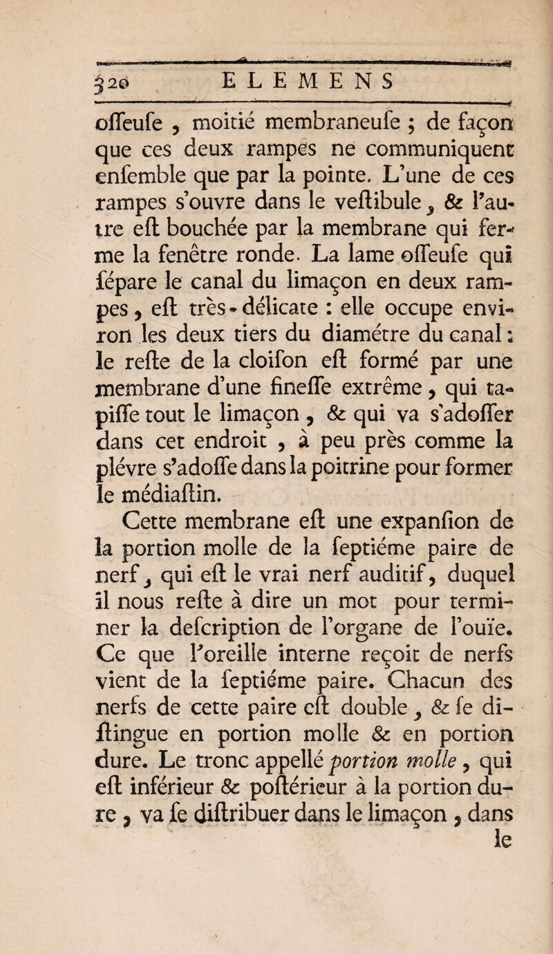 3 2© offeufe , moitié membraneufe ; de façon que ces deux rampes ne communiquent enfemble que par la pointe. L’une de ces rampes s’ouvre dans le veftibule 3 & l’au¬ tre eft bouchée par la membrane qui fer¬ me la fenêtre ronde. La lame offeufe qui fépare le canal du limaçon en deux ram¬ pes , eft très-délicate : elle occupe envi¬ ron les deux tiers du diamètre du canal : le refte de la cloifon eft formé par une membrane d’une fineffe extrême, qui ta- piffe tout le limaçon , & qui va s'adoffer dans cet endroit , à peu près comme la plèvre s’adoffe dans la poitrine pour former le médiaftin. Cette membrane eft une expanfion de la portion molle de la feptiéme paire de nerf j qui eft le vrai nerf auditif, duquel il nous refte à dire un mot pour termi¬ ner la defcription de l’organe de l’ouïe. Ce que Eoreilîe interne reçoit de nerfs vient de la feptiéme paire. Chacun des nerfs de cette paire eft double , Sz fe di- ftingue en portion molle & en portion dure. Le tronc appellé portion molle , qui eft inférieur & poftérieur à la portion du¬ re } va fe diftribuer dans le limaçon , dans le