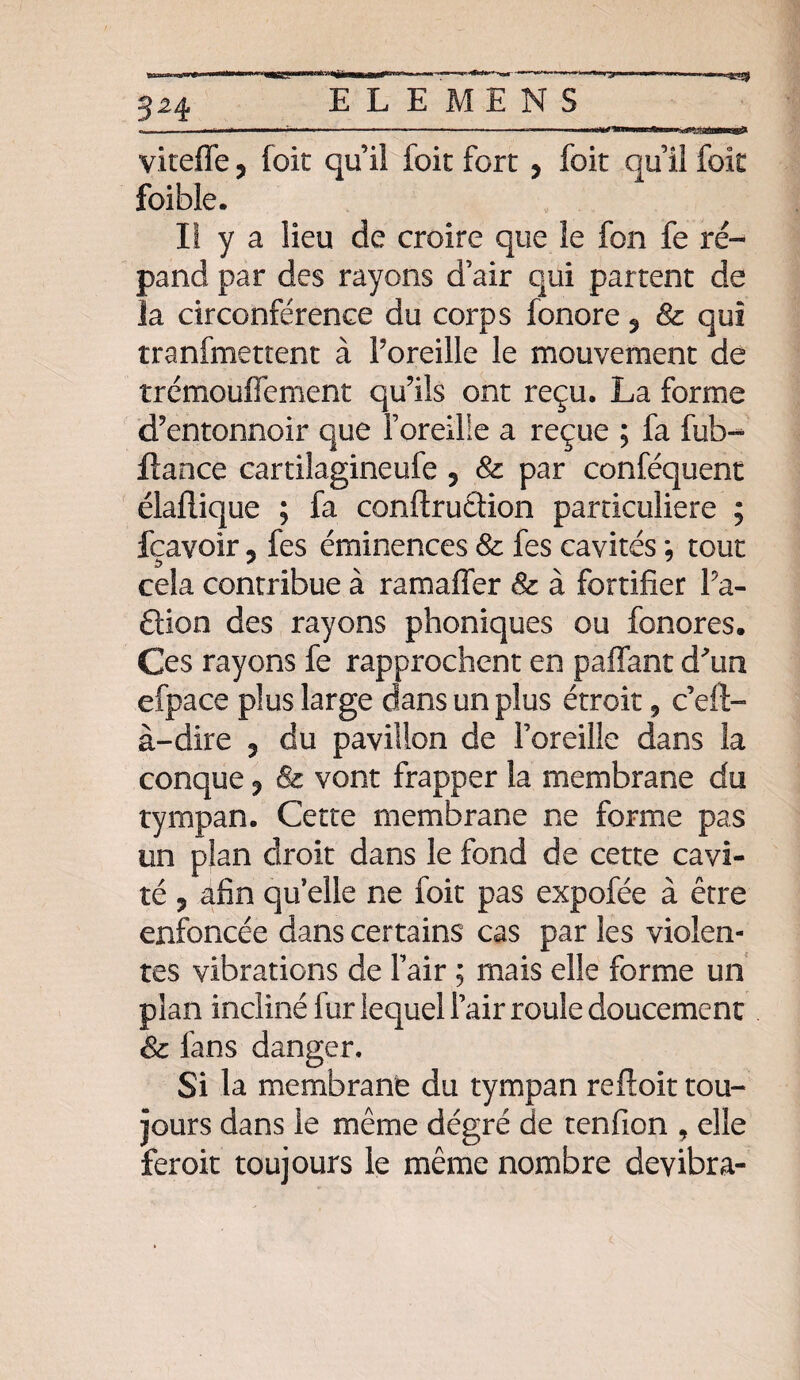 3H »--- . ■ - i t  —---- yiteffe 5 foit qu’il foie fort ? foit qu’il foit foible. Il y a lieu de croire que le fon fe ré¬ pand par des rayons d’air qui partent de la circonférence du corps fonore 2 & qui tranfmettent à Poreille le mouvement de îrémoufTement qu’ils ont reçu. La forme d’entonnoir que l’oreille a reçue ; fa fub- flance cartiîagineufe 2 & par conféquent élaflique ; fa conftrucHon particulière ; fçavoir ? fes éminences & fes cavités ; tout cela contribue à ramaffer Sz à fortifier Pa- Ccion des rayons phoniques ou fonores. Ces rayons fe rapprochent en paffant d'un efpace plus large dans un plus étroit 9 c’eft- à-dire 2 du pavillon de Poreille dans la conque 2 & vont frapper la membrane du tympan. Cette membrane ne forme pas un plan droit dans le fond de cette cavi¬ té ? afin qu’elle ne foit pas expofée à être enfoncée dans certains cas par les violen¬ tes vibrations de Pair ; mais elle forme un plan incliné fur lequel Pair roule doucement & fans danger. Si la membrane du tympan refioit tou¬ jours dans le même dégré de tenfion , elle feroit toujours le même nombre devibra-