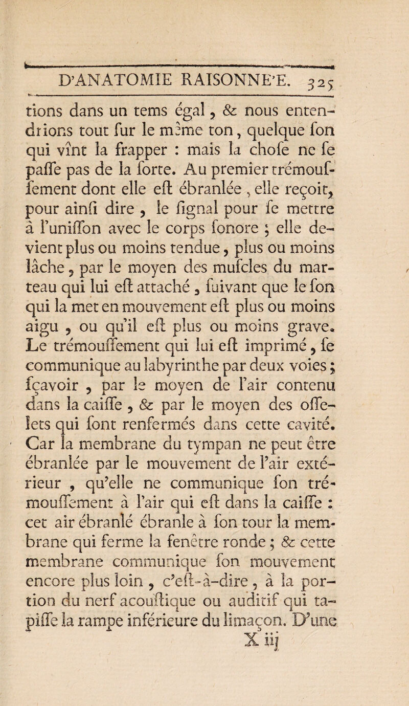 tx.-j lions dans un te ms égal ? & nous enten¬ drions tout fur le meme ton, quelque fon qui vînt la frapper : mais la chofe ne fe paffe pas de la forte. Au premier trémouf- lement dont elle eft ébranlée , elle reçoit* pour ain(i dire , le fignal pour fe mettre à Funiffon avec le corps fonore ; elle de¬ vient plus ou moins tendue ? plus ou moins lâche 5 par le moyen des mufcles du mar¬ teau qui lui eft attaché * fuivant que le fon qui la met en mouvement eft plus ou moins aigu ? ou qu’il eft plus ou moins grave* Le trémouffement qui lui eft imprimé, fe communique au labyrinthe par deux voies ; fçavoir * par le moyen de Fait contenu dans la caiffe 5 & par le moyen des offe- lets qui font renfermés dans cette cavité. Car la membrane du tympan ne peut être ébranlée par le mouvement de Pair exté¬ rieur , qu’elle ne communique fon tré¬ mouffement à Fair qui eft dans la caiffe : cet air ébranlé ébranle à fon tour la mem¬ brane qui ferme la fenêtre ronde ; & cette membrane communique fon mouvement encore plus loin * c’eft- à-dire 5 à la por¬ tion du nerf acouftique ou auditif qui ta- piffe la rampe inférieure du limaçon. D’une X üj